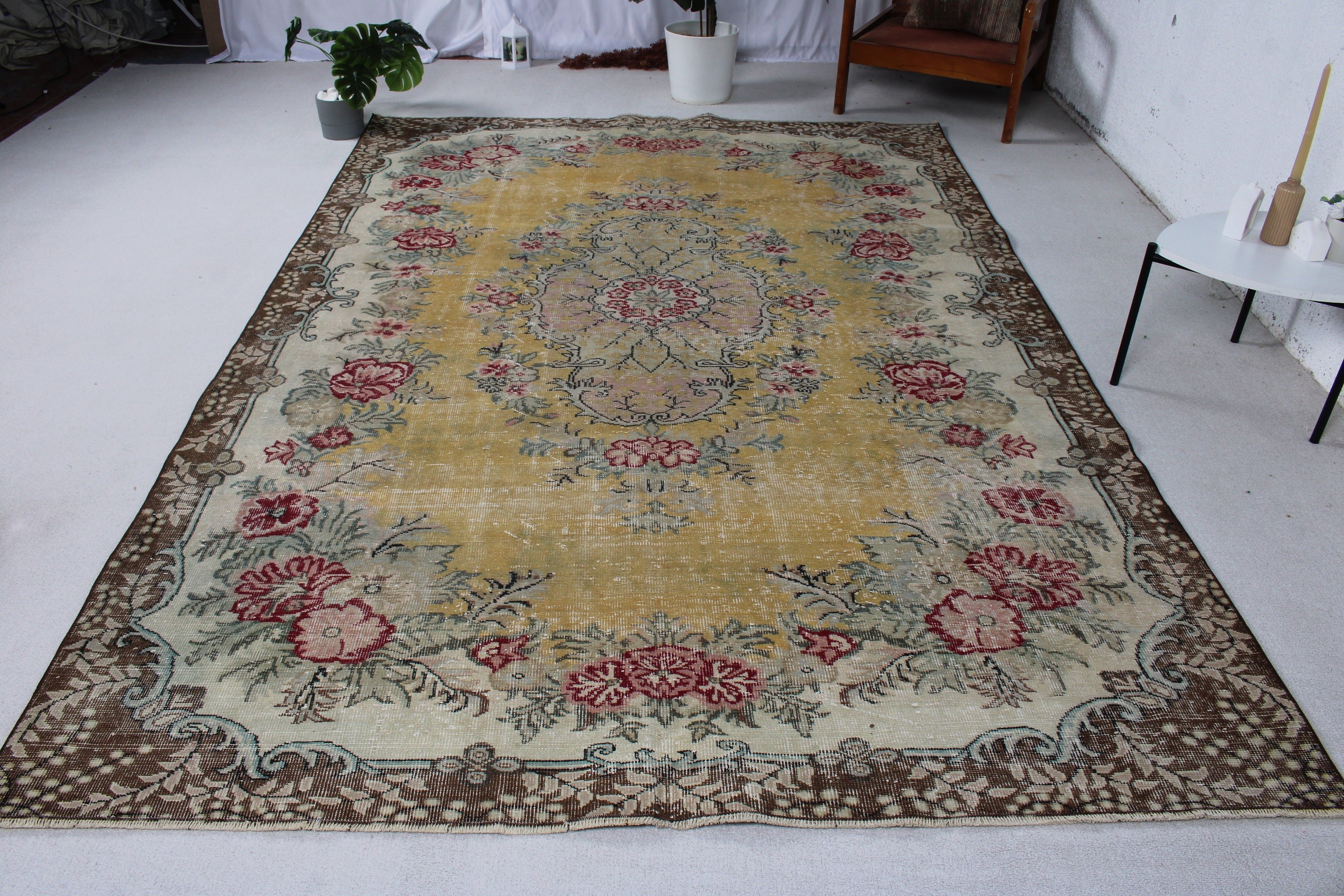 6.7x10 ft Büyük Halı, Vintage Halı, Geometrik Halılar, Türk Halıları, Oushak Halısı, Kahverengi Fas Halısı, Büyük Oushak Halıları, Büyük Boho Halısı