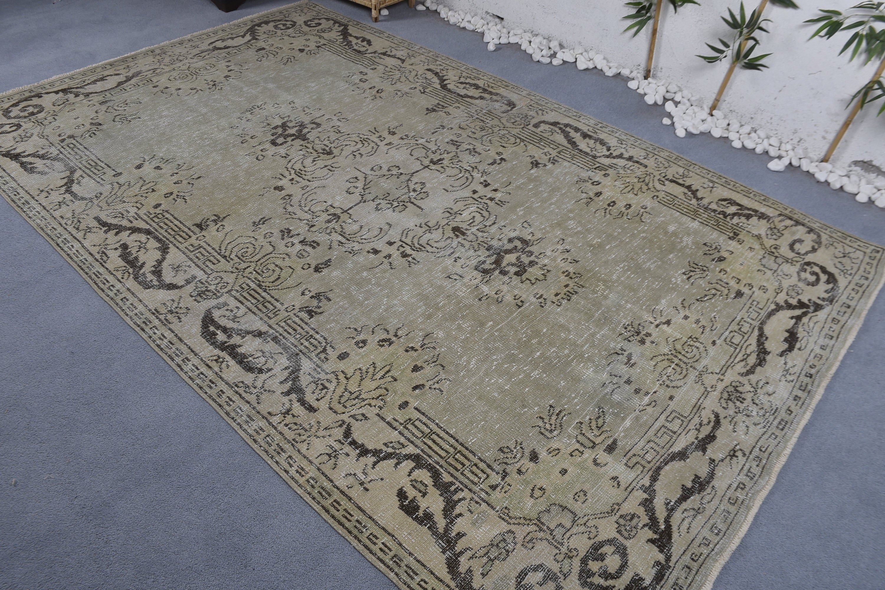 Yemek Odası Halıları, Vintage Halı, Türk Halıları, Düğün Halısı, Yeşil Yün Halı, Ev Dekorasyonu Halısı, Oturma Odası Halısı, 5.9x9.7 ft Büyük Halı, Oushak Halısı