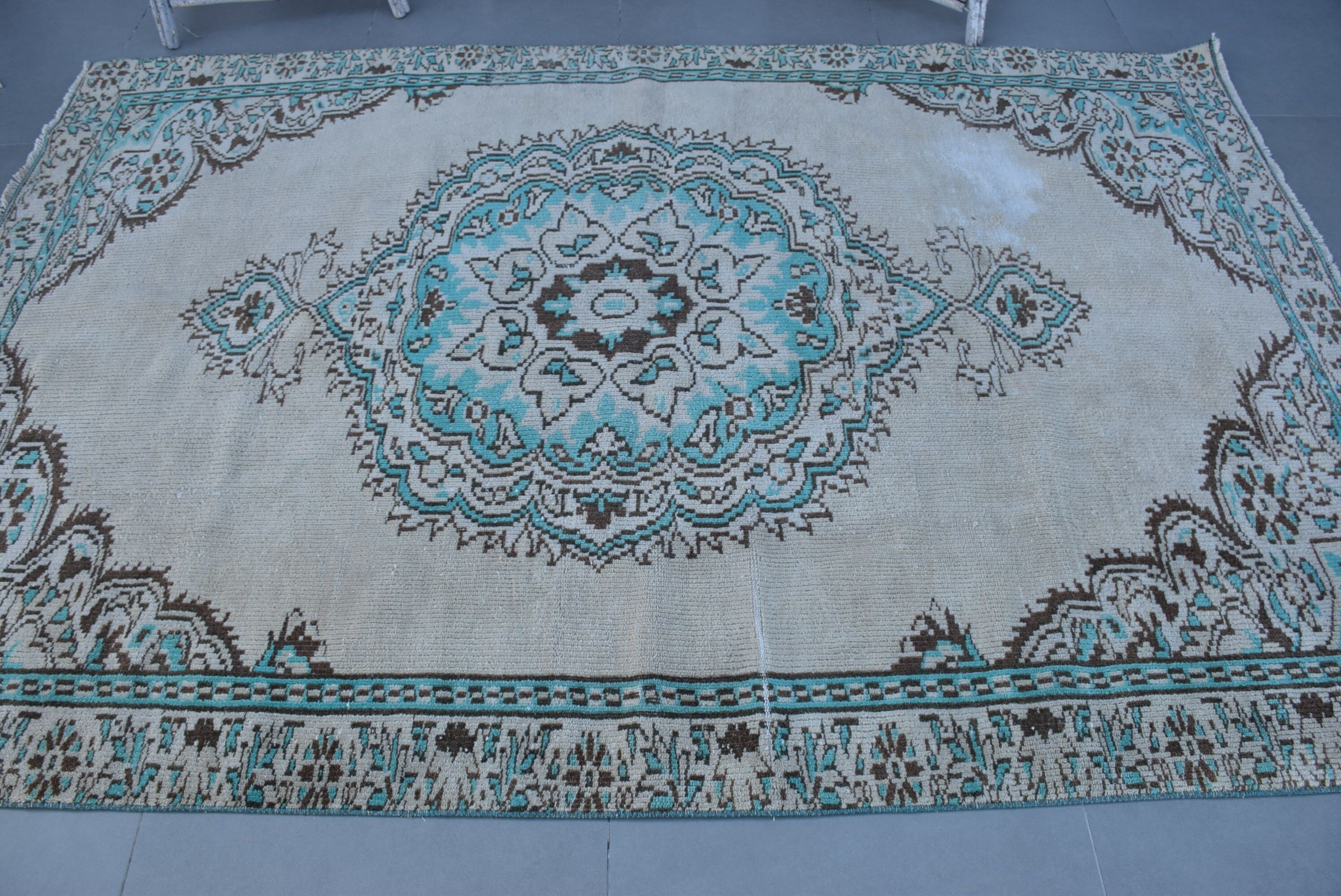 Vintage Dekor Halı, Yemek Odası Halıları, Yatak Odası Halısı, Yer Halısı, 5.8x8.6 ft Büyük Halı, Türk Halısı, Mavi Oryantal Halılar, Oushak Halısı, Vintage Halı