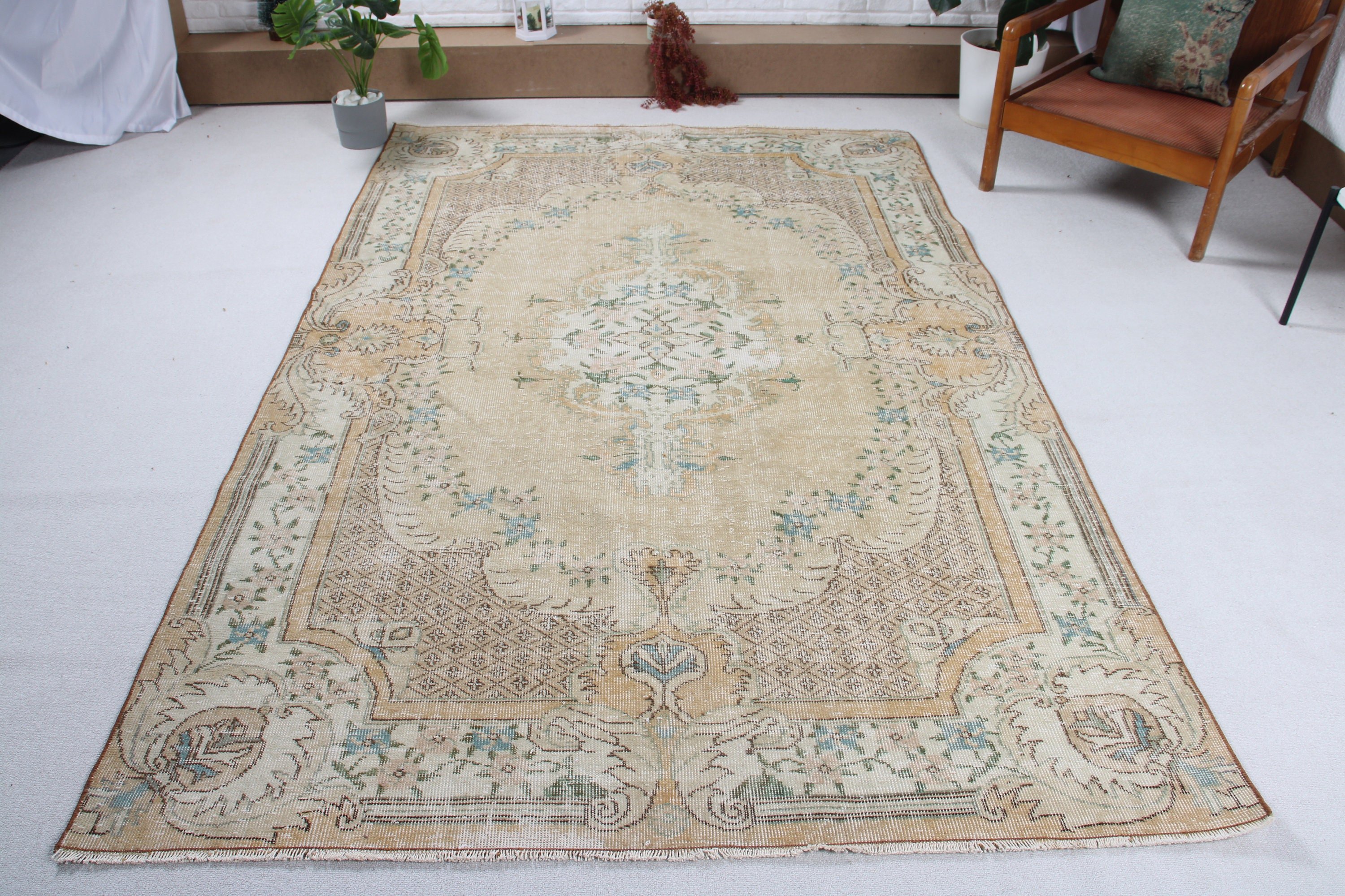 Salon Halıları, Bej Havalı Halılar, Yer Halıları, Yün Halı, Türk Halısı, Büyük Oushak Halıları, Vintage Dekor Halıları, Vintage Halılar, 5,5x8,5 ft Büyük Halılar