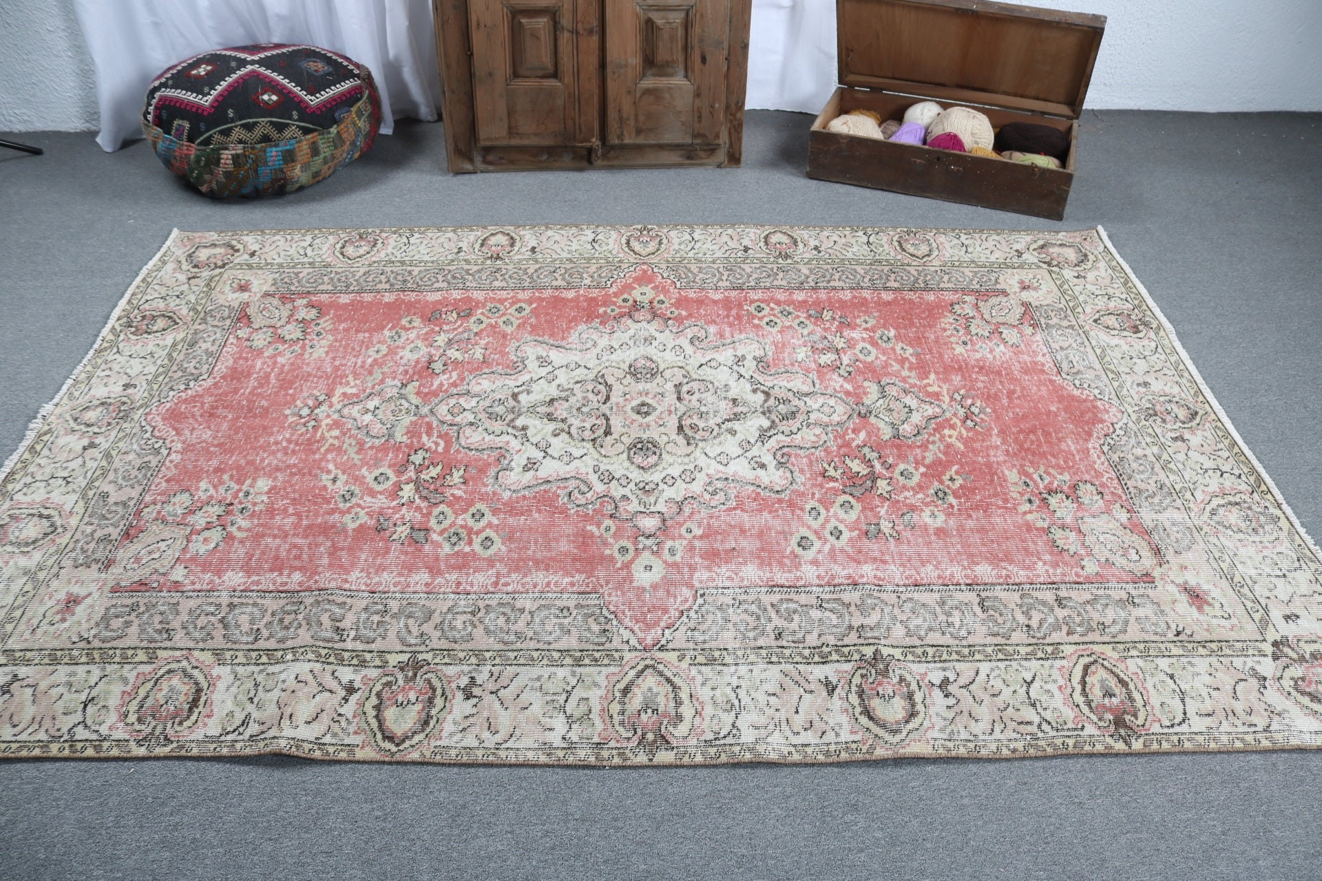 Büyük Boho Halı, Türk Halıları, Büyük Oushak Halıları, Vintage Halı, Yün Halıları, Ev Dekor Halıları, Kırmızı Düz ​​Dokuma Halıları, 5,5x8,1 ft Büyük Halı