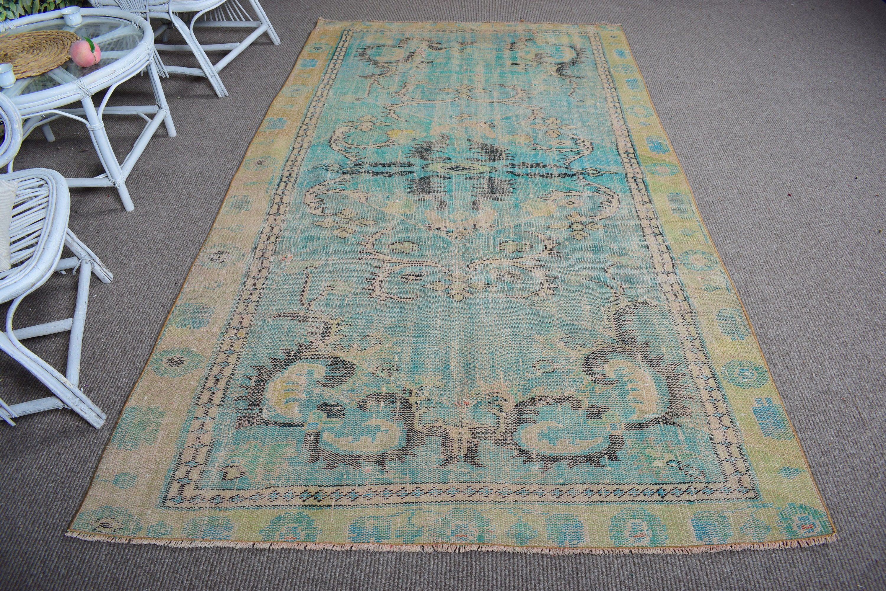 Türk Halıları, Oushak Halısı, Yeşil Yün Halıları, Vintage Halı, 5x8,8 ft Büyük Halılar, Büyük Boho Halıları, Büyük Oushak Halıları, Organik Halı