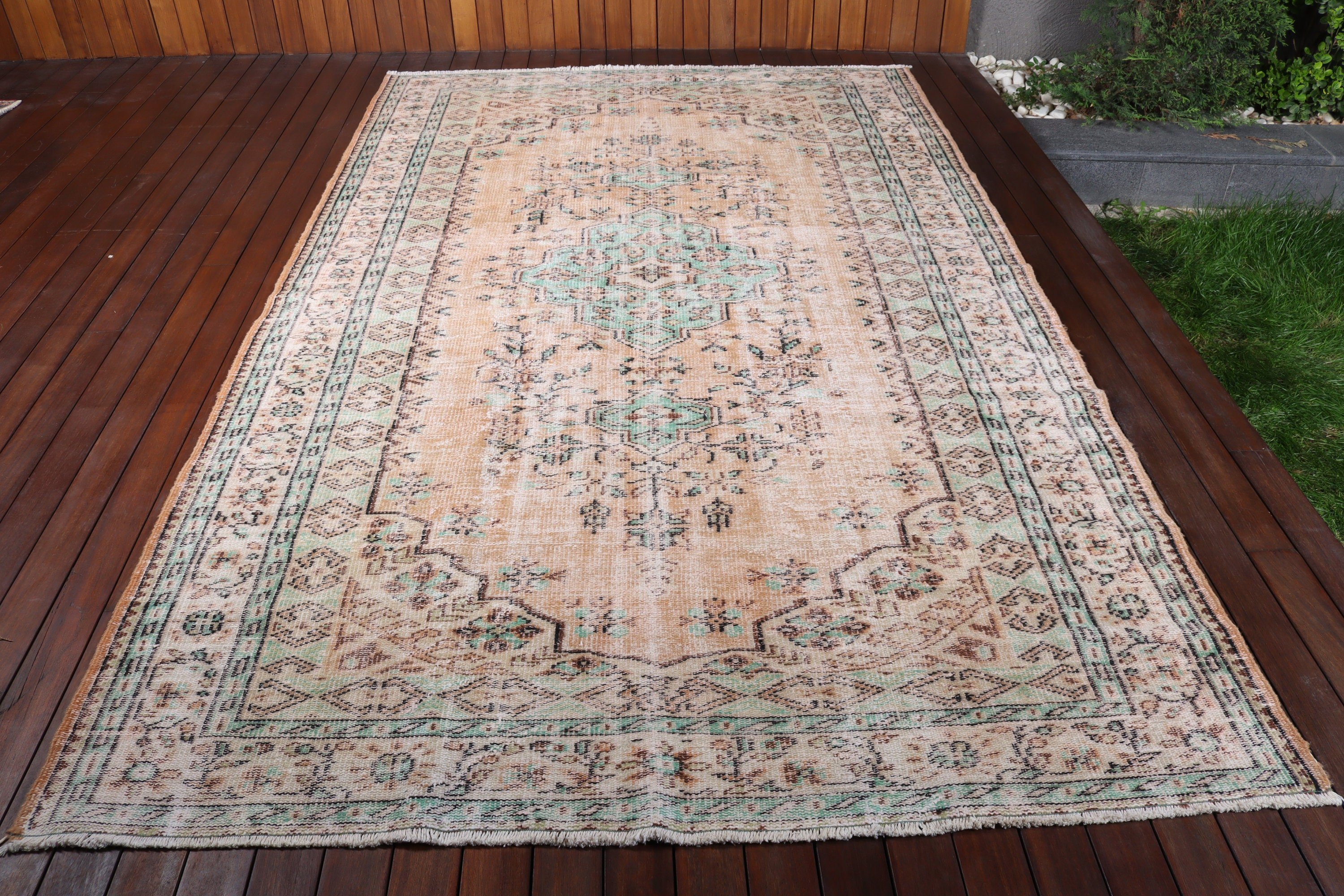 Turuncu Geometrik Halı, Vintage Halılar, Yemek Odası Halısı, Türk Halısı, Egzotik Halılar, Yatak Odası Halısı, 6x9.7 ft Büyük Halı, Lüks Halı