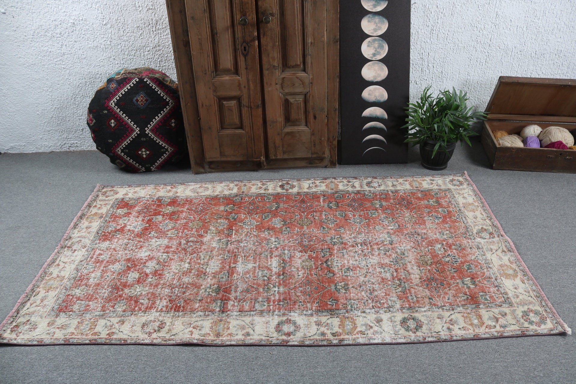 Turkish Rug, Neutral Rug, Rugs for Nursery, Modern Rugs, Oushak Area Rug, Red Neutral Rugs, Ethnic Rug, 3.9x7 ft Area Rug, Vintage Rug