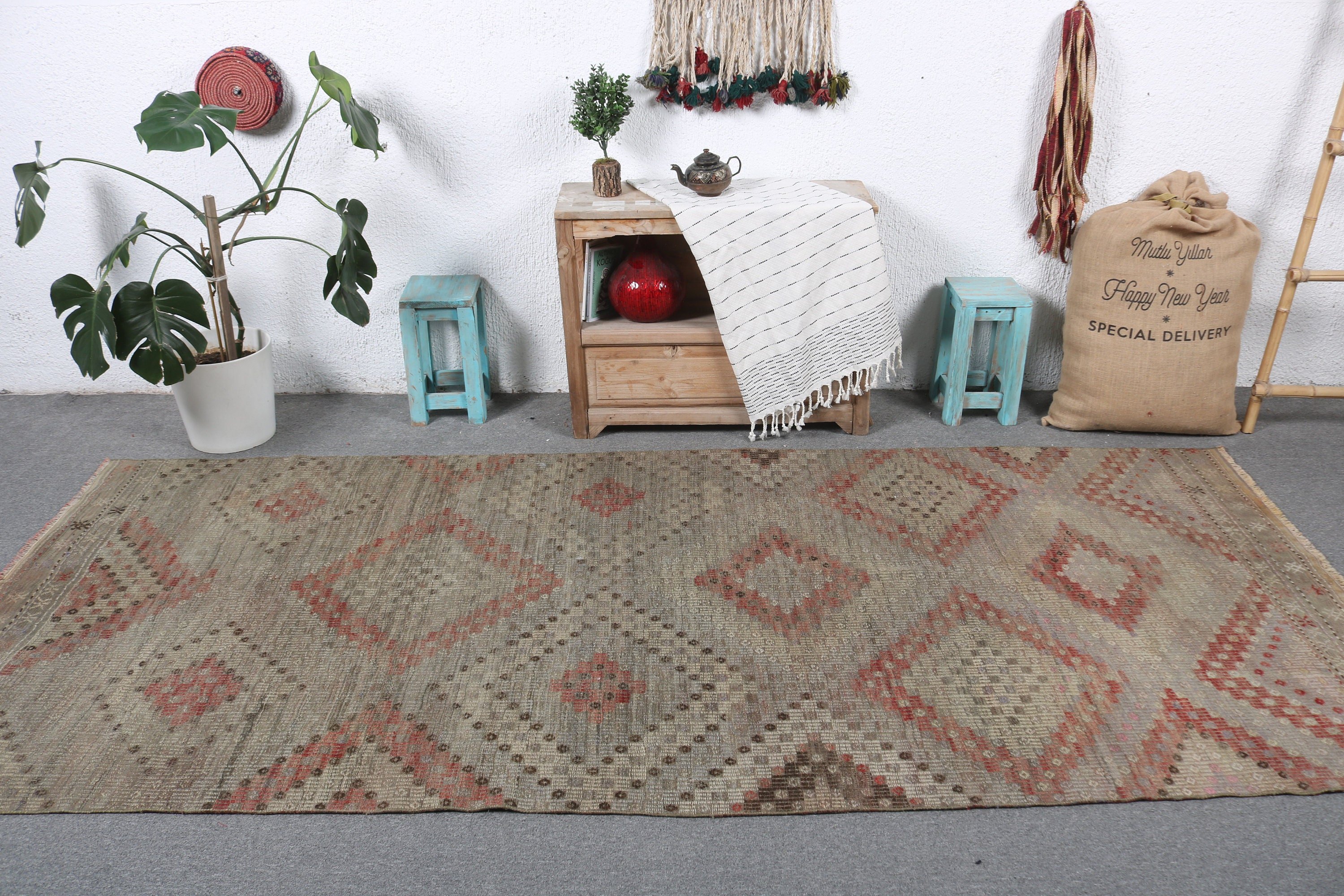 Kitchen Rugs, 4.1x9.7 ft Area Rugs, Kilim, Vintage Rugs, Living Room Rugs, Floor Rugs, Green Handwoven Rug, Oushak Rug, Turkish Rug