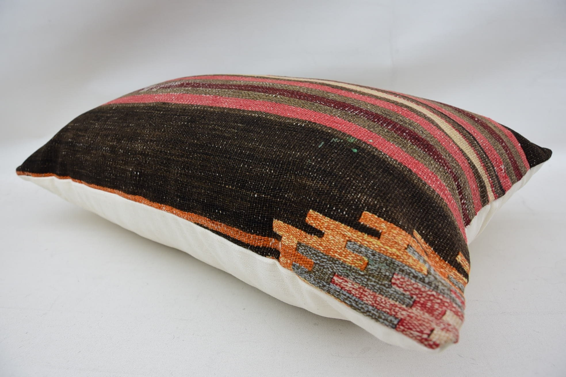 Throw Kilim Pillow, Bolster Throw Pillow Sham, Aesthetic Pillow Sham, Boho Pillow, Antique Pillows, 16"x24" Brown Pillow Sham