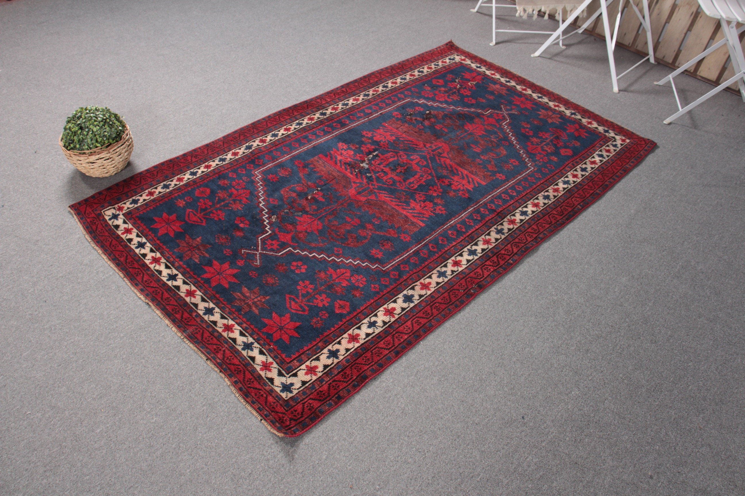 Mavi 3.6x6.1 ft Accent Halı, Vintage Halı, Yün Halı, Sanat Halıları, Ev Dekorasyonu Halıları, Yatak Odası Halıları, Çocuk Halıları, Kilim, Türk Halıları