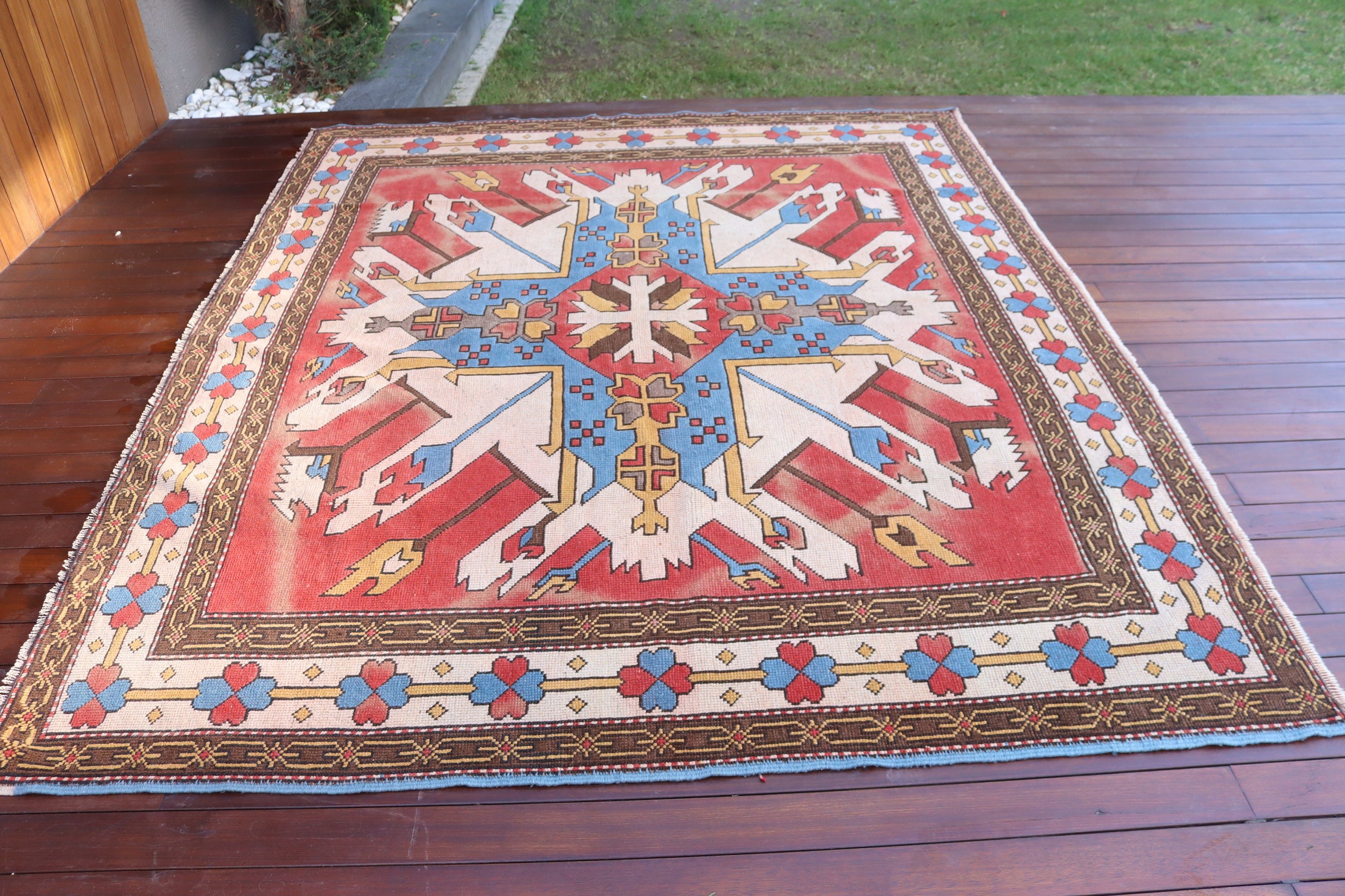 El Dokuma Halı, Vintage Halı, Büyük Boho Halı, 8.1x6.7 ft Büyük Halı, Büyük Oushak Halıları, Kırmızı Lüks Halılar, Türk Halıları