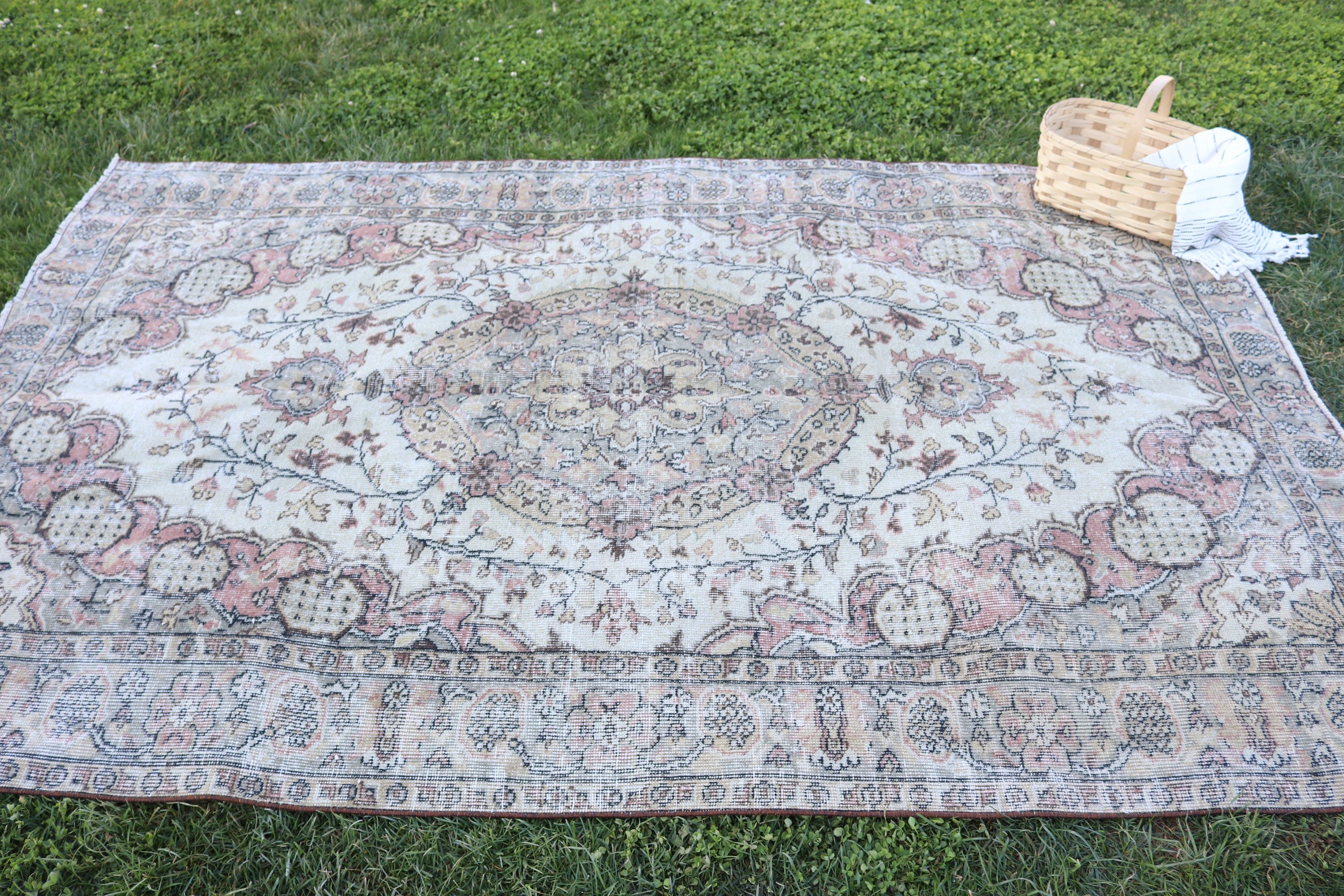 Oturma Odası Halısı, 5.4x8.5 ft Büyük Halı, Bej Yün Halı, Açıklama Halısı, Salon Halıları, Vintage Halılar, Nötr Halı, Salon Halıları, Türk Halısı