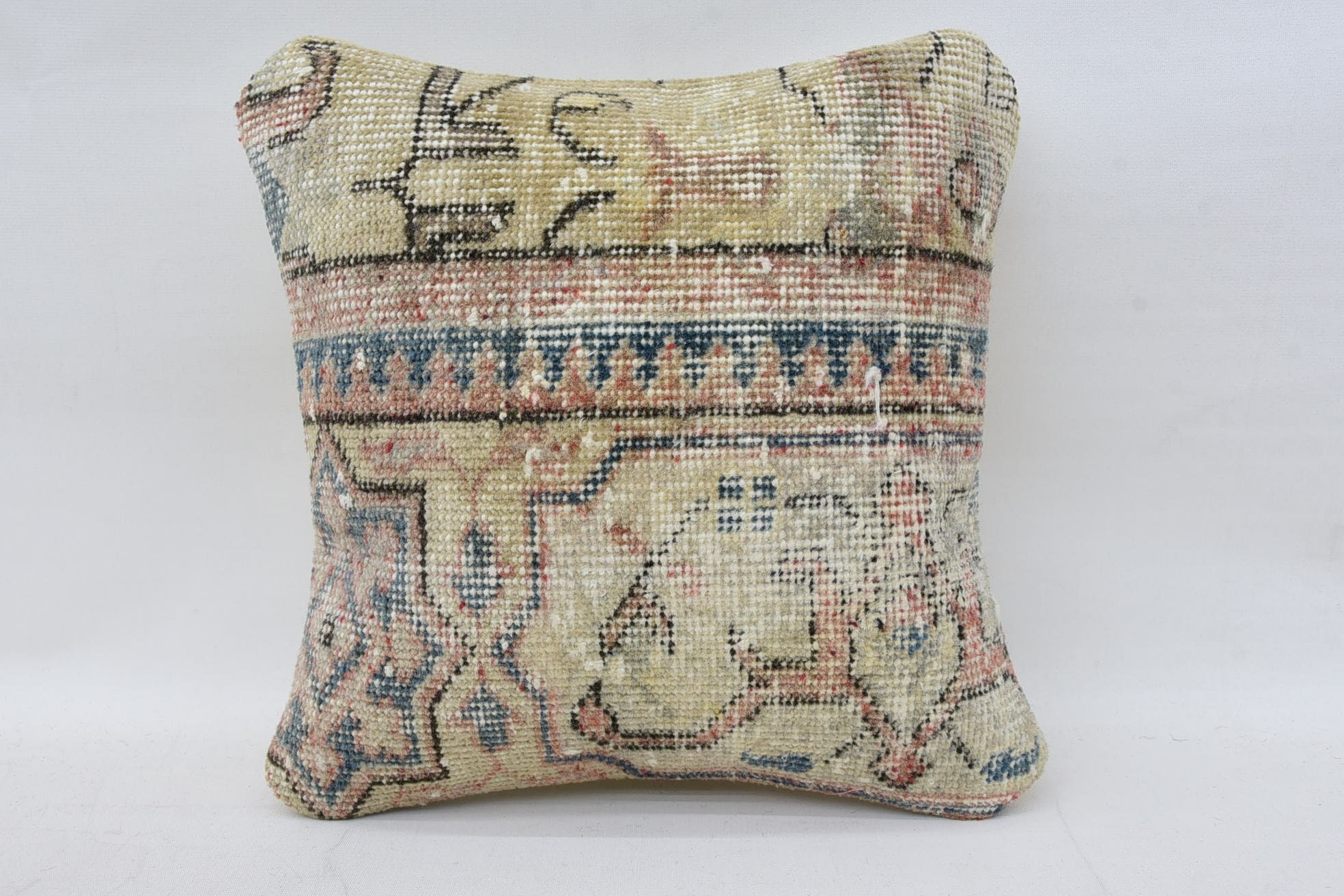 Pillow for Sofa, Turkish Kilim Pillow, 14"x14" Beige Pillow Sham, Nautical Throw Cushion Cover, Cozy Throw Pillow, Vintage Pillow