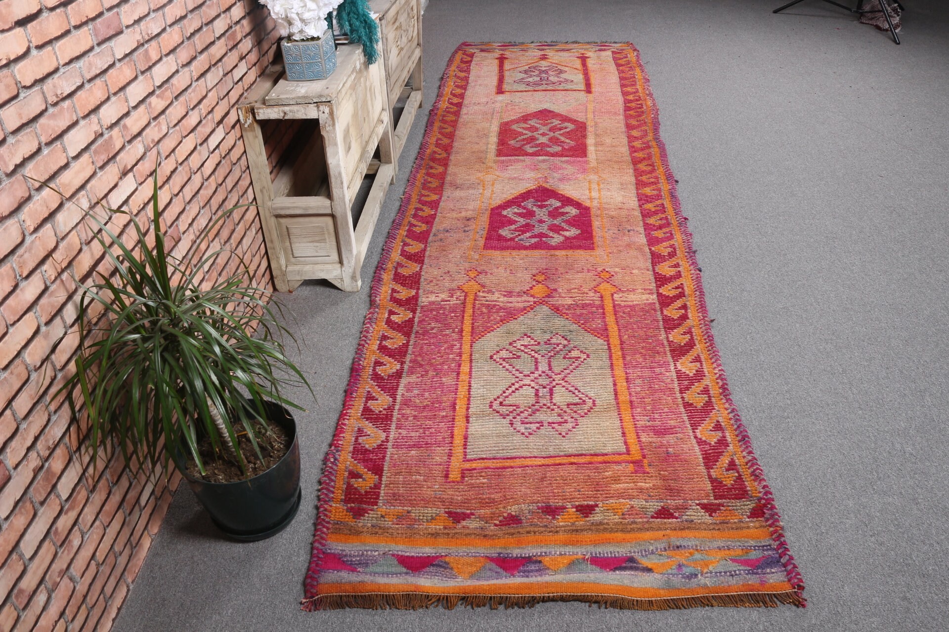 Kahverengi Yün Halı, 3.4x12.2 ft Yolluk Halısı, Türk Halısı, Yün Halısı, Vintage Halılar, Oryantal Halılar, Merdiven Halısı, Merdiven Halıları, Bohem Halıları