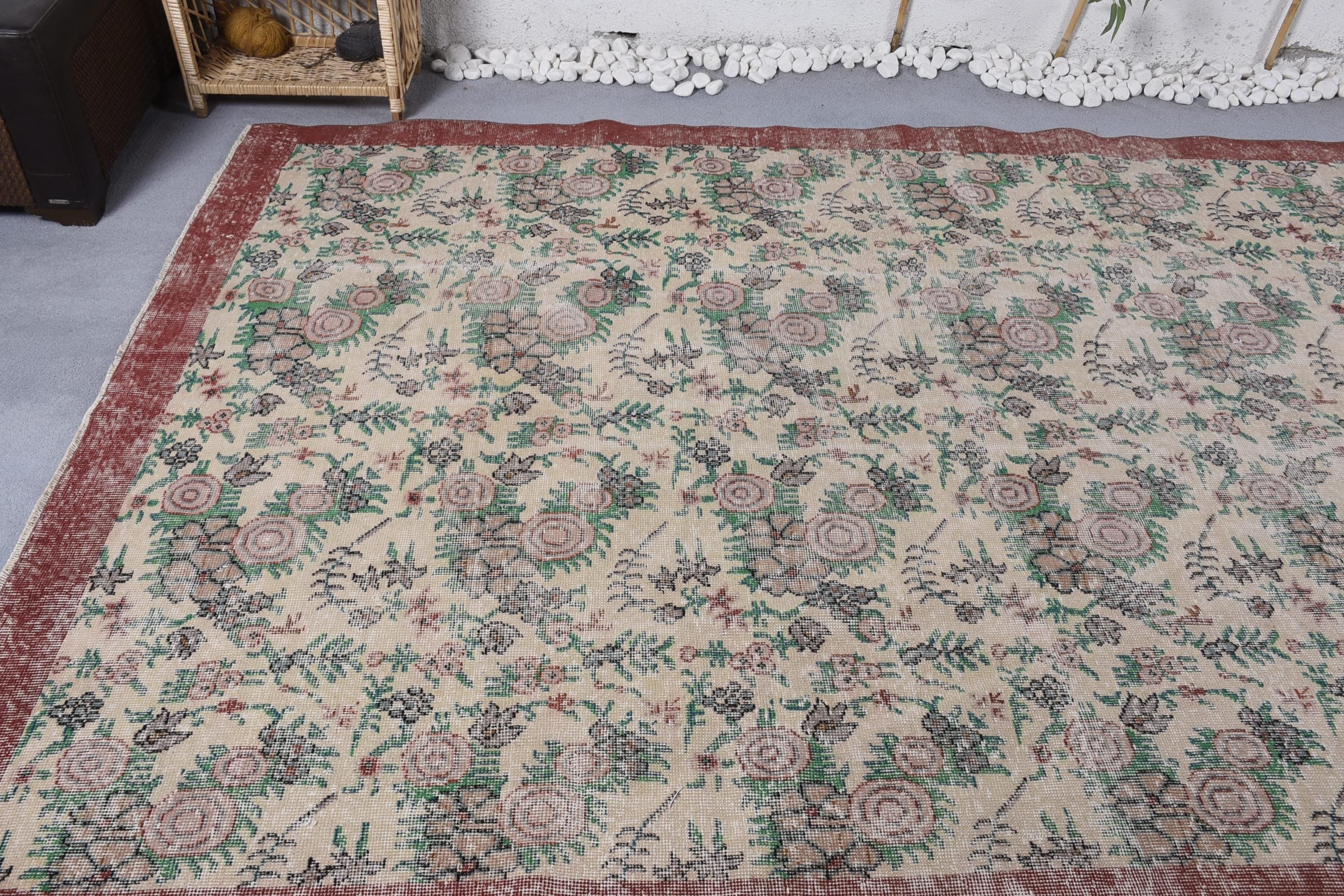 6.4x10.1 ft Büyük Halılar, Yün Halılar, Türk Halısı, Ev Dekor Halıları, Oturma Odası Halısı, Büyük Oushak Halıları, Bej El Dokuma Halı, Vintage Halılar