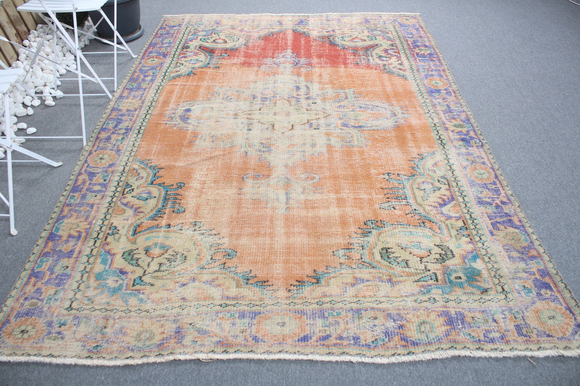 Yemek Odası Halısı, Türk Halısı, Sevimli Halı, Anadolu Halısı, Turuncu Ev Dekorasyonu Halısı, Vintage Halılar, Salon Halısı, 6.1x8.4 ft Büyük Halı