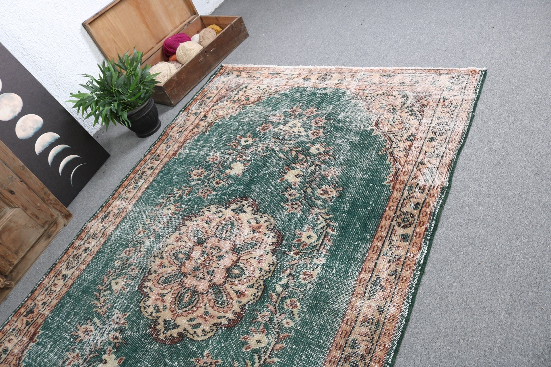 Büyük Boho Halı, Mutfak Halısı, Yemek Odası Halıları, Yeşil Lüks Halılar, Türk Halıları, Yer Halısı, Antika Halılar, Vintage Halı, 5,2x7,9 ft Büyük Halılar