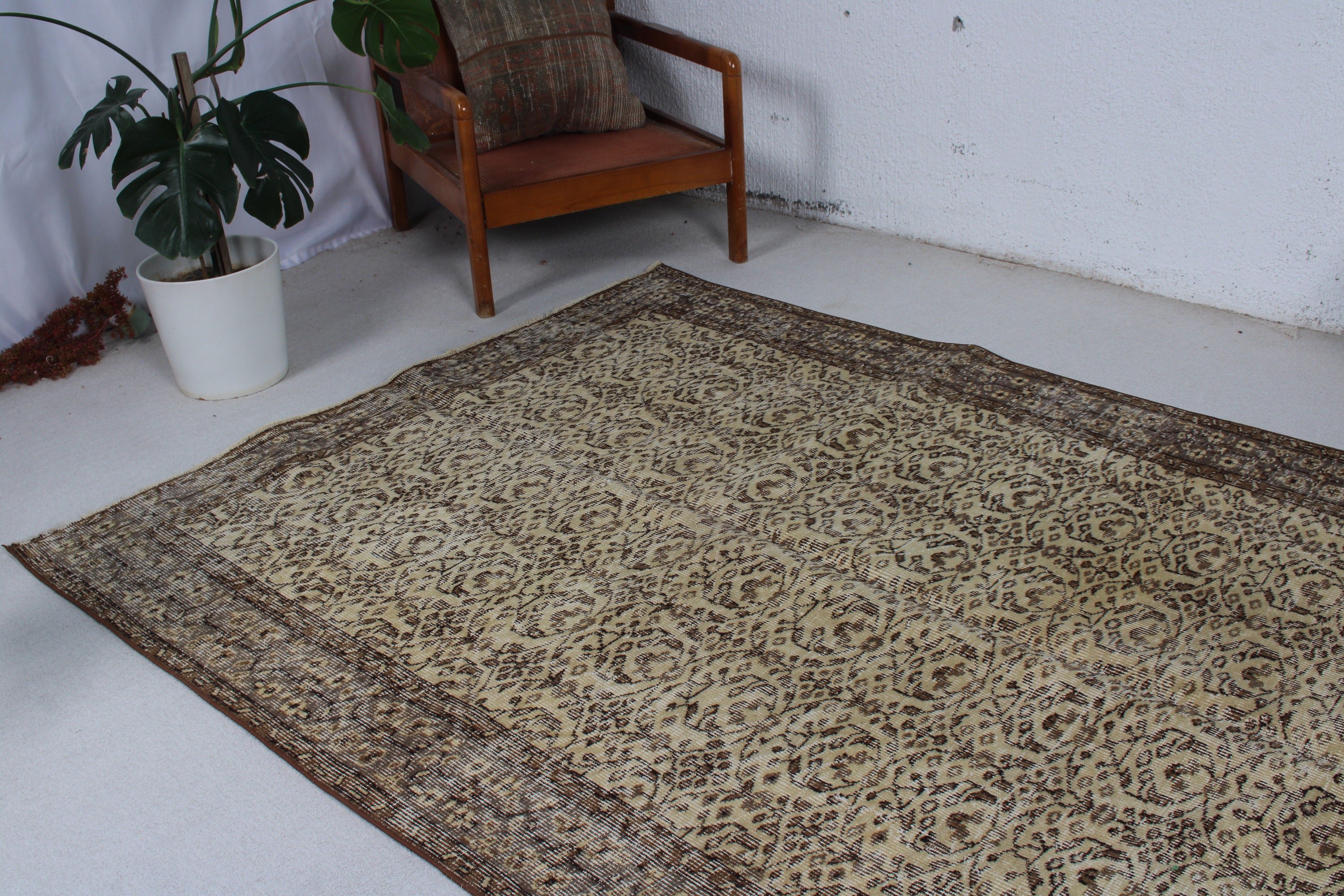 Bej Düz Dokuma Halı, 5.2x8.5 ft Büyük Halı, Büyük Oushak Halıları, Yer Halıları, Yemek Odası Halıları, Türk Halısı, El Dokuma Halı, Vintage Halılar