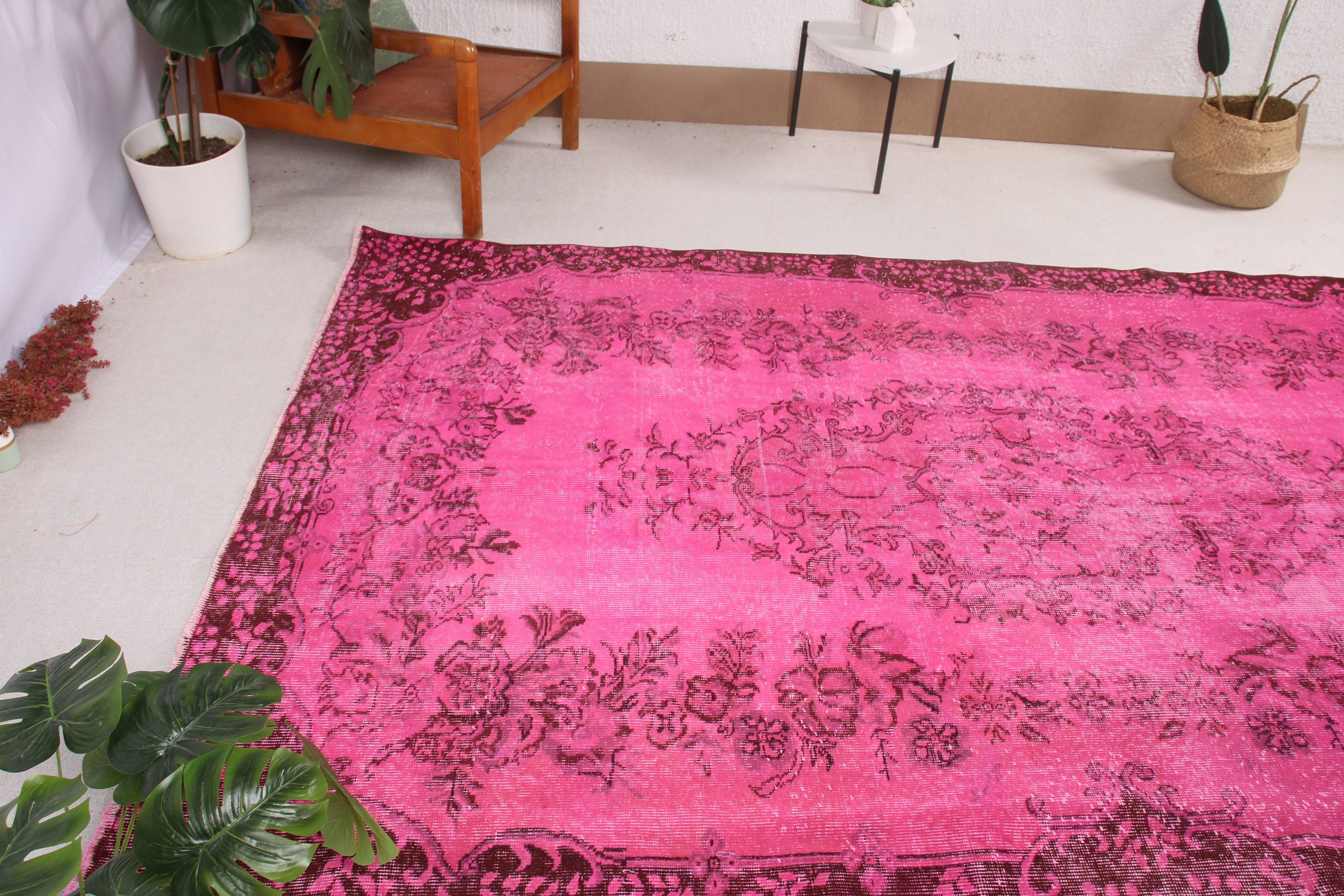 Oturma Odası Halısı, Pembe El Dokuma Halı, 5.8x9.5 ft Büyük Halı, Vintage Halı, Oushak Halı, Yemek Odası Halıları, Ev Dekor Halıları, Türk Halısı