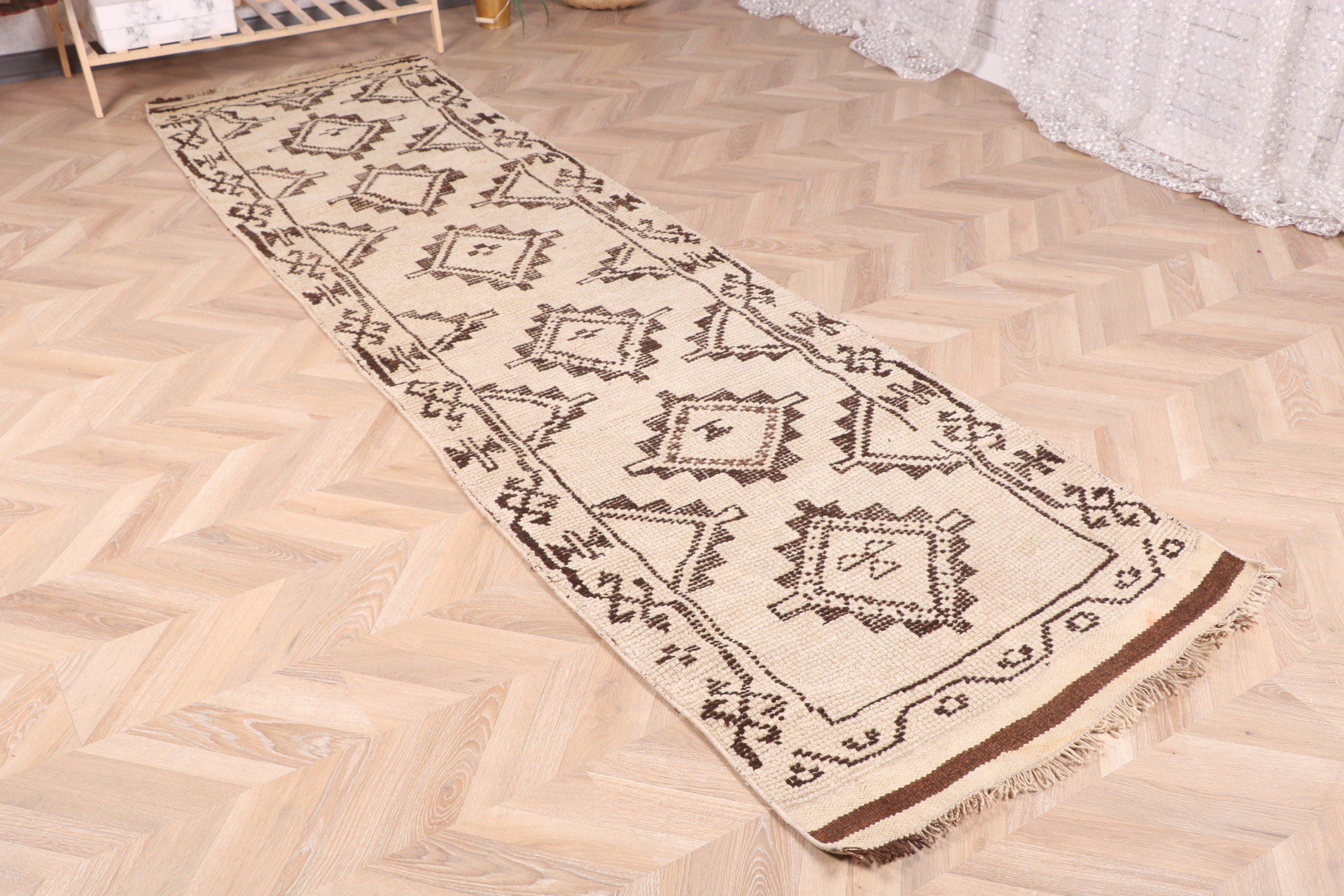 Bej Fas Halısı, Türk Halıları, 2.8x10.2 ft Runner Halısı, Yer Halıları, Vintage Halı, Mutfak Halısı, Merdiven Halısı, Beni Ourain Runner Halıları