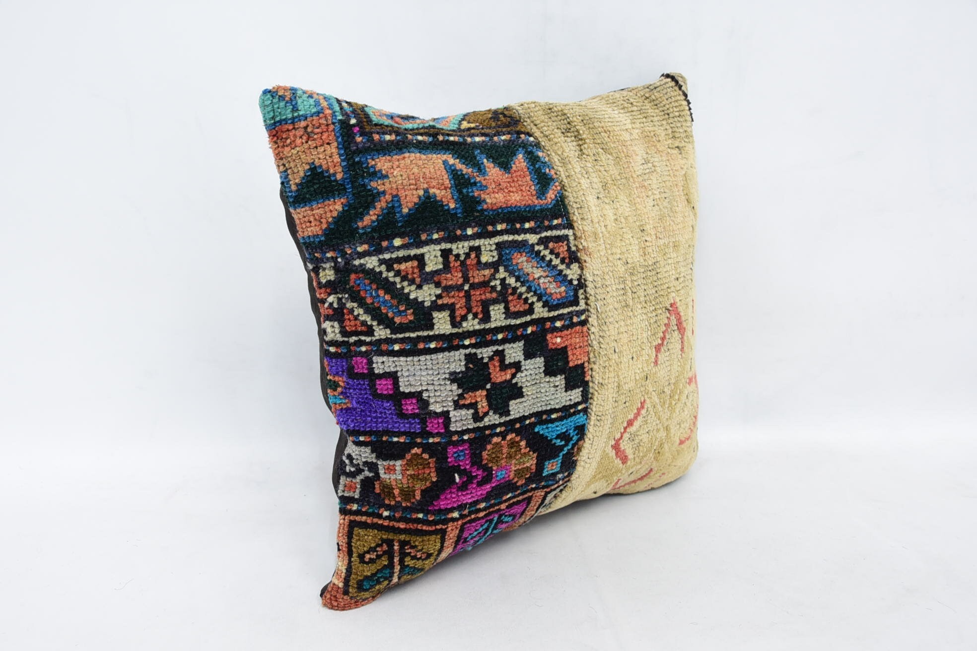 Fas Kilim Yastık, Kilim Yastık Kılıfı, 16"x16" Bej Yastık, Kilim Yastık, Kanepe Yastık, Salon Kırlent Kılıfı