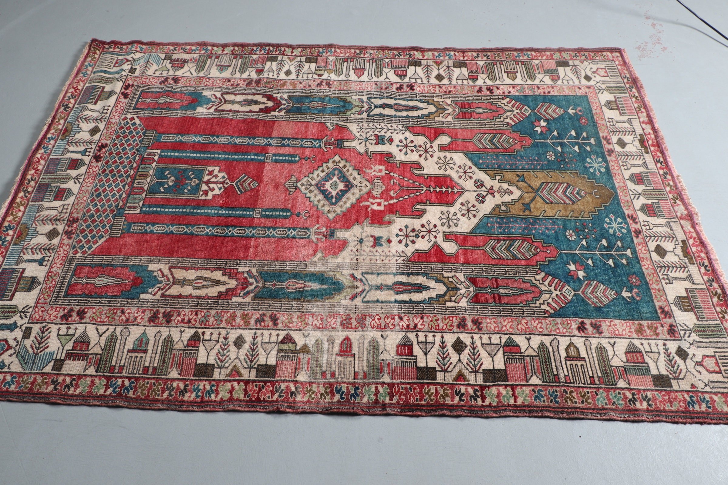 Fas Halısı, Anadolu Halısı, Vintage Halılar, Yer Halısı, 4,3x6,3 ft Alan Halısı, Türk Halıları, Kırmızı Oryantal Halı, Yatak Odası Halıları, Doğal Halı