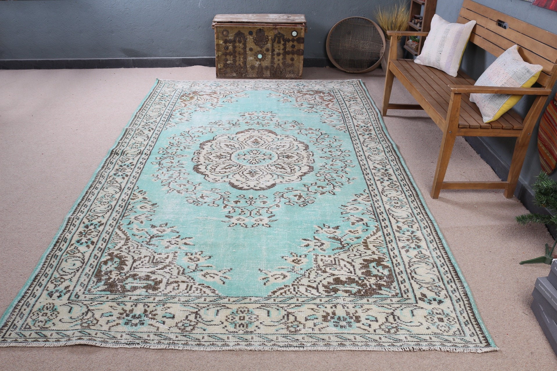 6.2x10 ft Büyük Halı, Salon Halıları, Oturma Odası Halısı, Vintage Halı, Mutfak Halısı, Yeşil Zemin Halısı, Düz Dokuma Halı, Türk Halıları