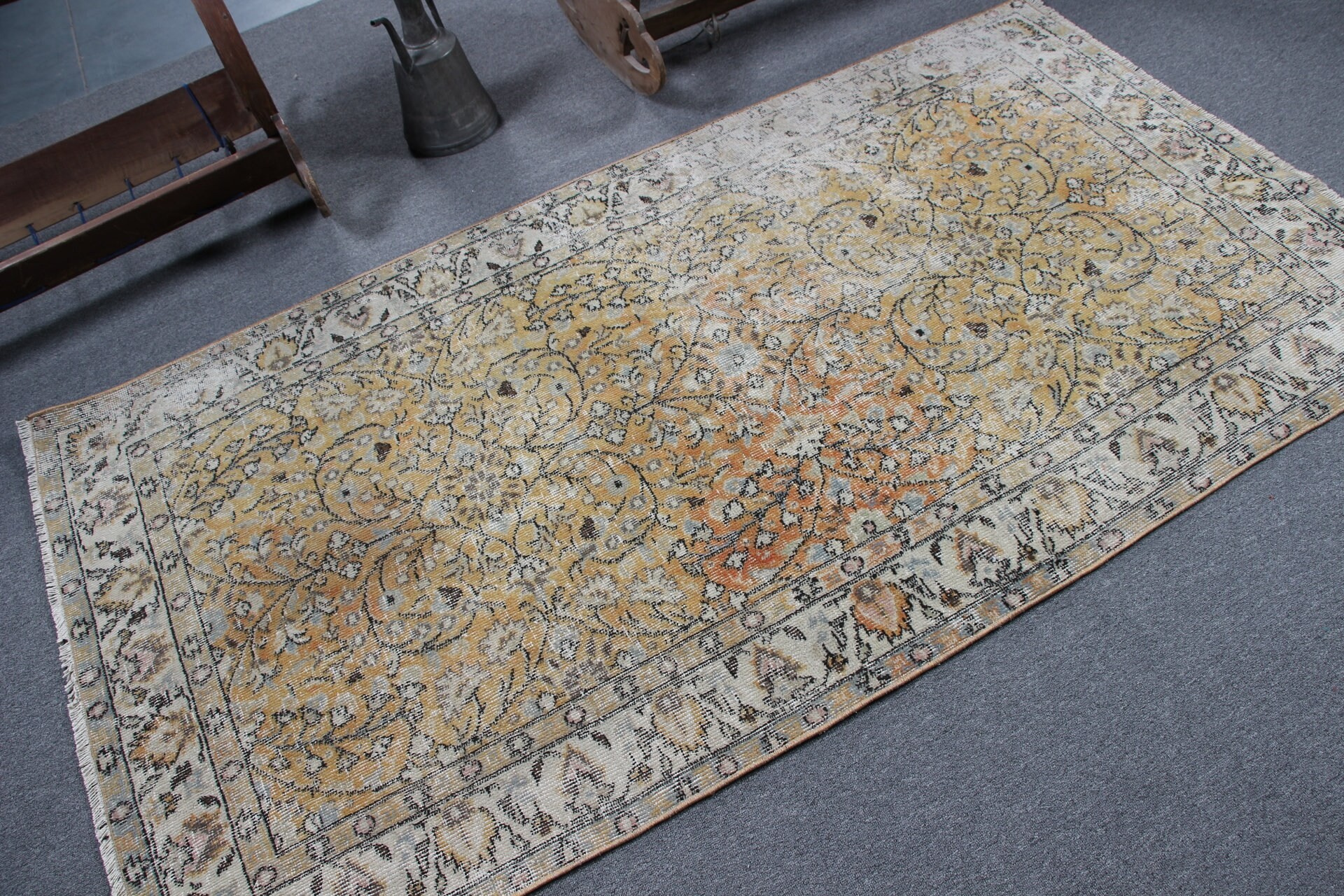 Beige  3.8x6.9 ft Area Rug, Turkish Rugs, Muted Rugs, Vintage Rug, Kitchen Rug, Antique Rugs, Bedroom Rug