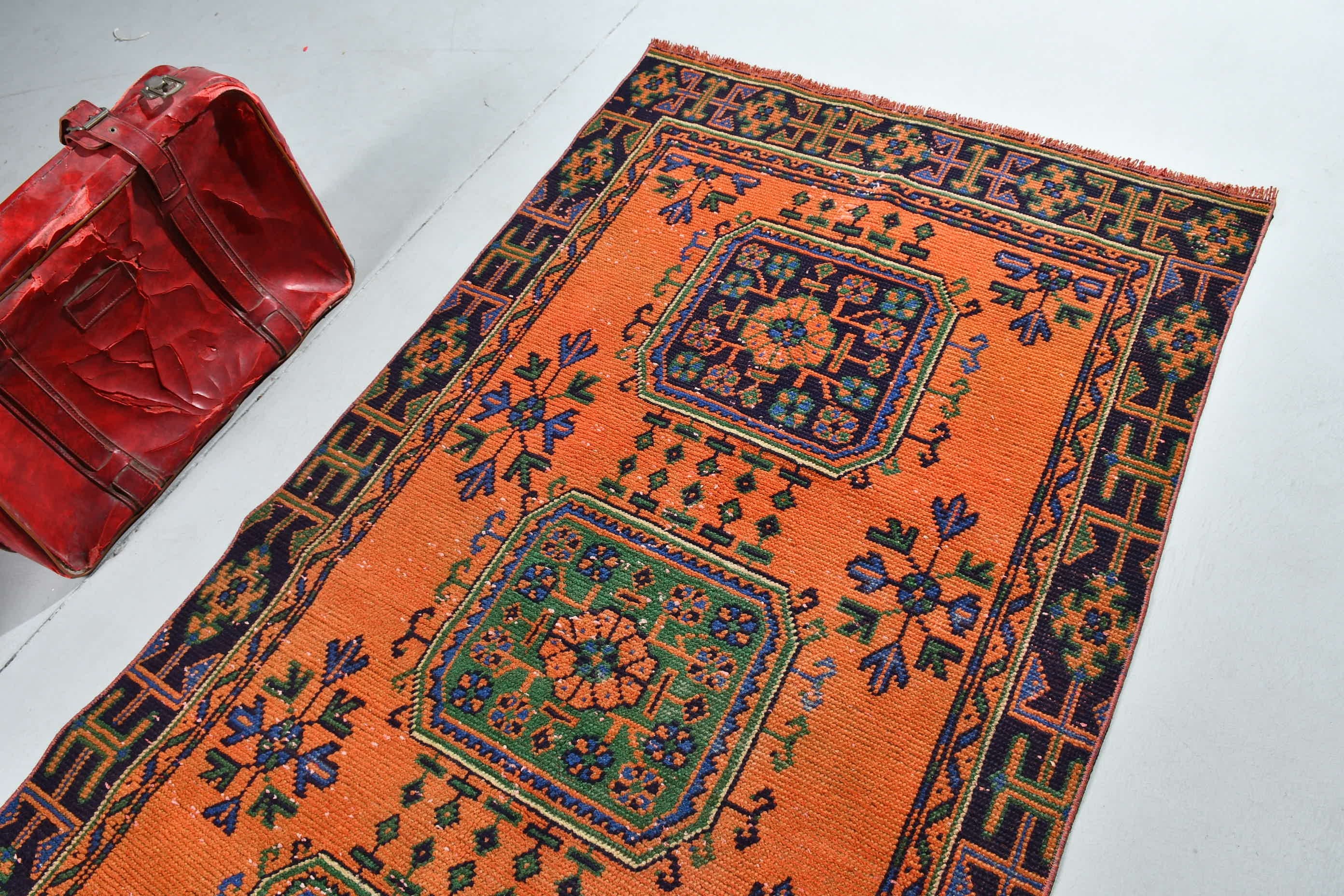 3.4x10.7 ft Runner Rug, Floor Rug, Vintage Rug, Wool Rugs, Stair Rug, Turkish Rug, Orange Oushak Rug, Kitchen Rug, Rugs for Corridor