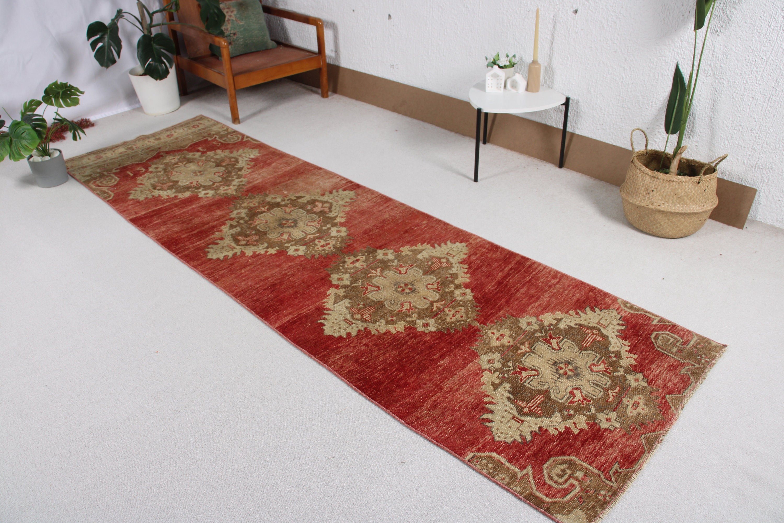 Handwoven Rugs, Stair Rug, Red Modern Rugs, 2.9x10.2 ft Runner Rugs, Turkish Rug, Ethnic Rugs, Geometric Rug, Vintage Rug, Corridor Rugs