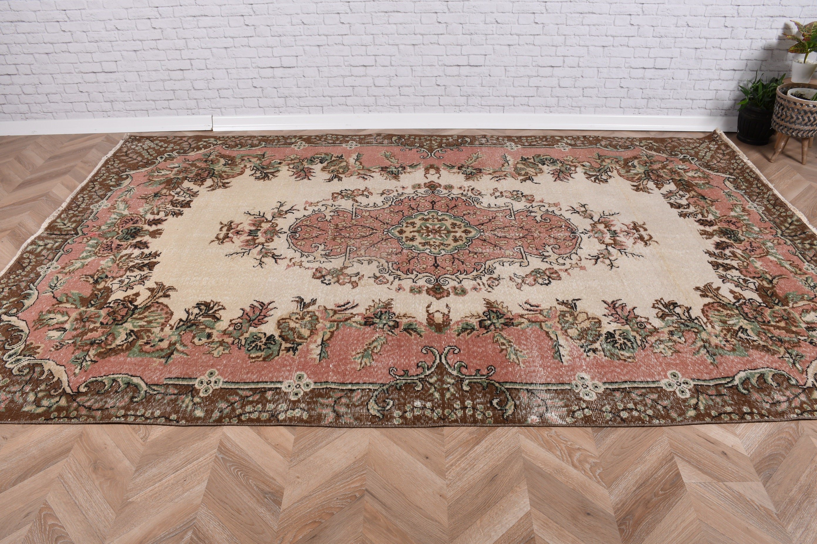 6.3x10 ft Büyük Halılar, Büyük Vintage Halılar, Yün Halılar, Boho Halı, Pembe Oushak Halı, Vintage Halı, Türk Halısı, Ev Dekor Halıları, Yemek Odası Halıları