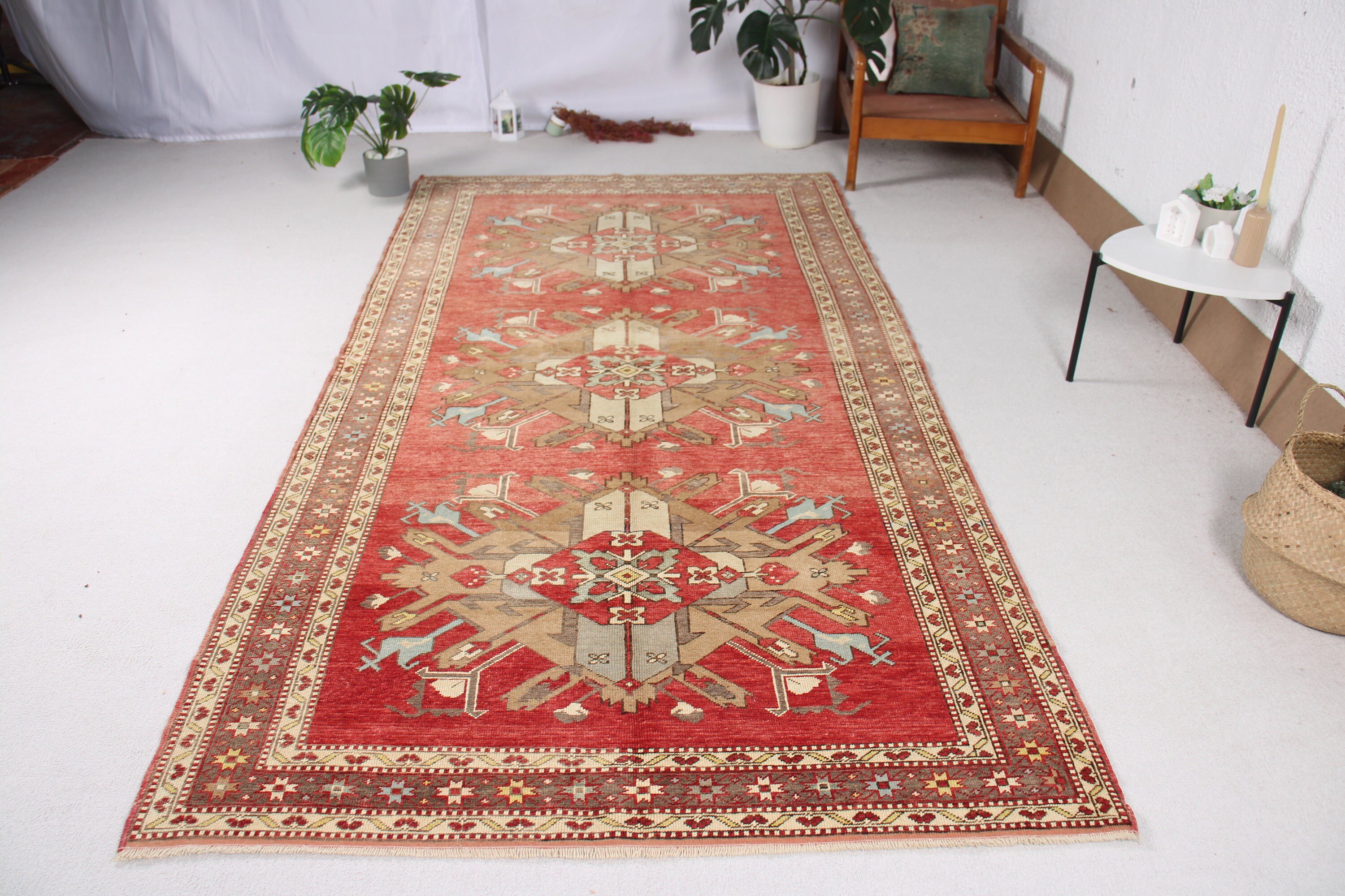 Büyük Oushak Halı, Salon Halıları, 5x10 ft Büyük Halılar, Büyük Vintage Halı, Düz Dokuma Halılar, Türk Halısı, Yün Halılar, Vintage Halı, Kırmızı Boho Halı