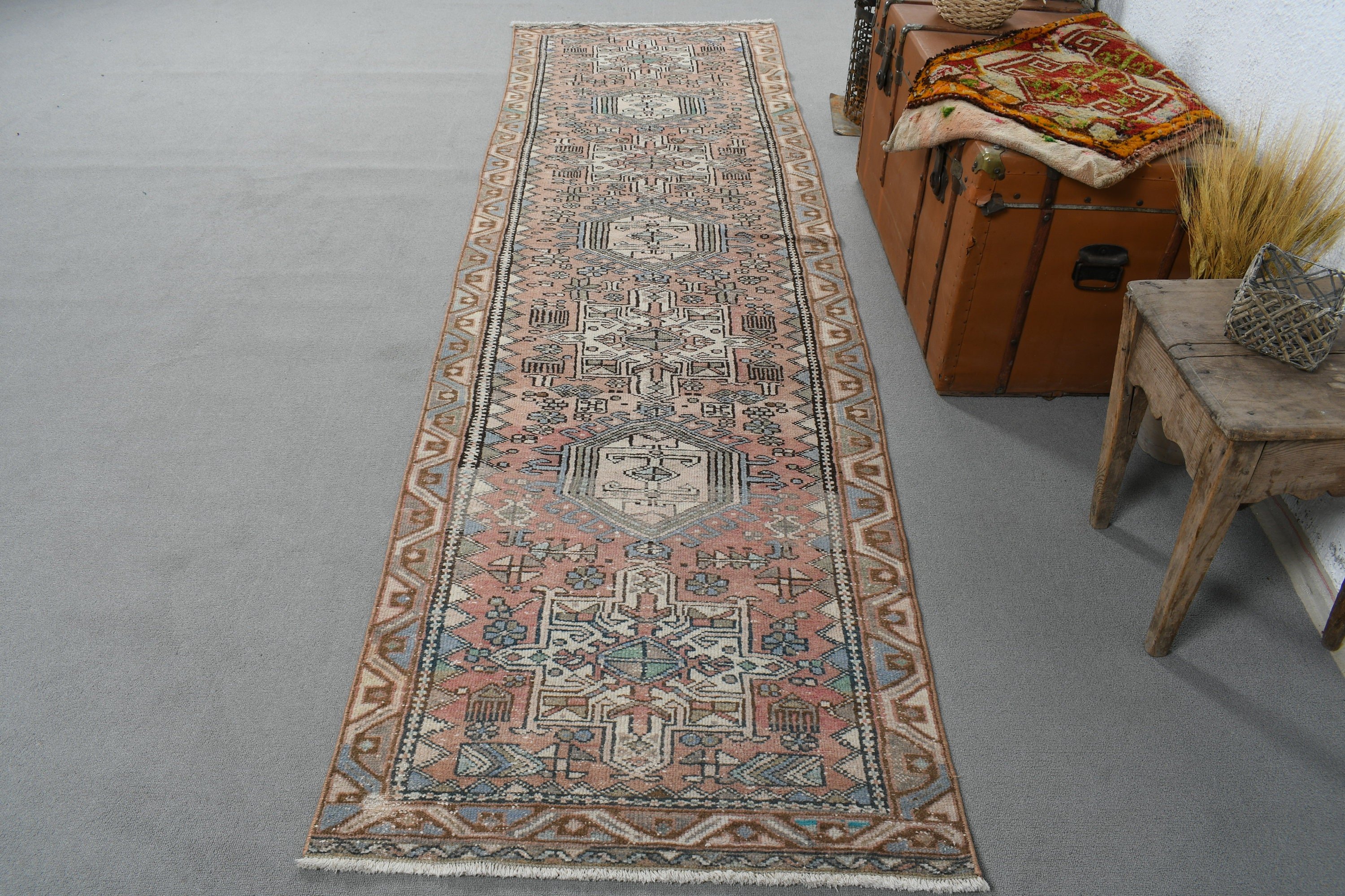 Türk Halısı, Boho Halıları, 2.8x10.5 ft Runner Halısı, Koridor Halıları, Açıklama Halısı, Turuncu Geometrik Halılar, Vintage Halılar, Vintage Runner Halısı