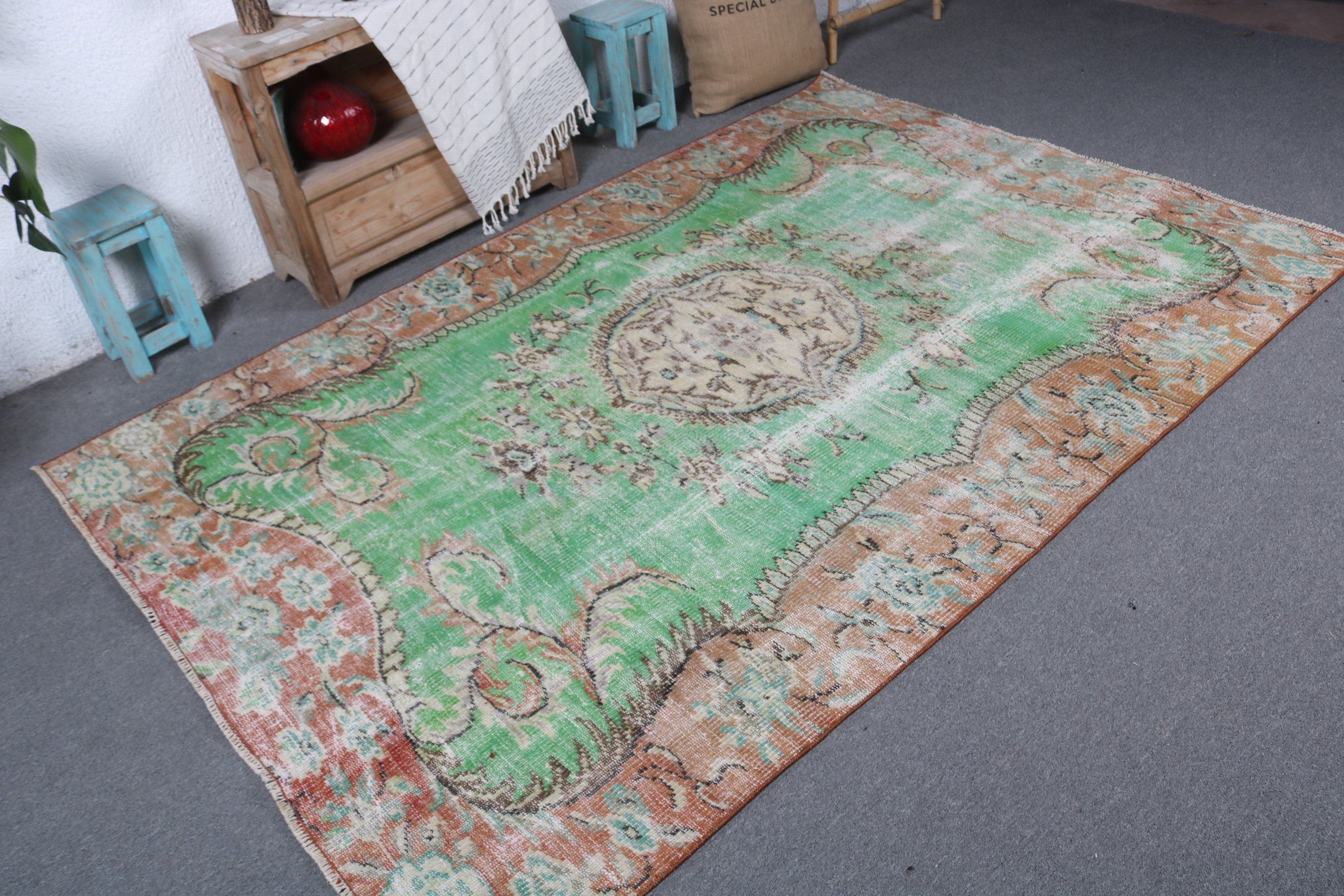 Yeşil Modern Halı, Oryantal Halı, Yemek Odası Halıları, Salon Halıları, Türk Halısı, Vintage Dekor Halıları, 5.3x8 ft Büyük Halı, Vintage Halı, Antika Halı