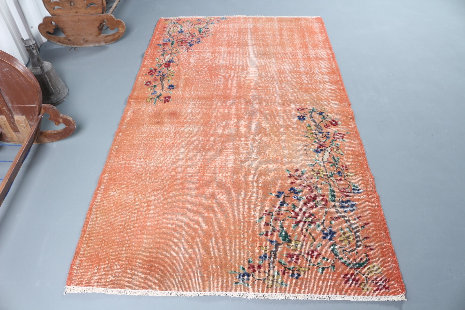 Vintage Halı, Retro Halılar, 3.9x9.9 ft Runner Halı, Turuncu Ev Dekorasyonu Halısı, Koridor Halısı, Türk Halısı, Oushak Halıları, Mutfak Halıları, Havalı Halı