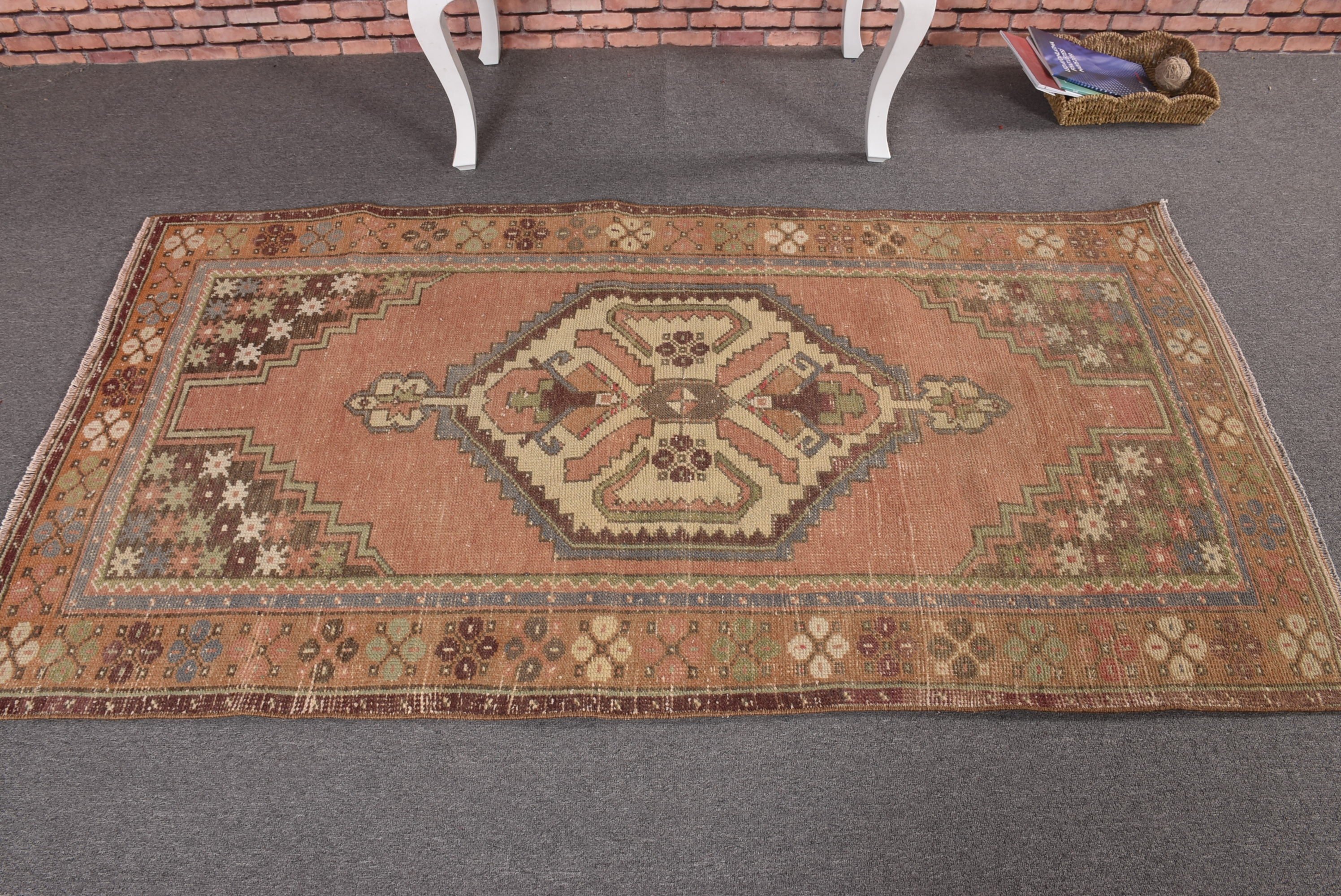 Vintage Halı, Türk Halıları, El Dokuma Halı, 3,3x6,4 ft Vurgulu Halı, Nötr Halı, Turuncu Antika Halılar, Vintage Vurgulu Halı, Boho Vurgulu Halı