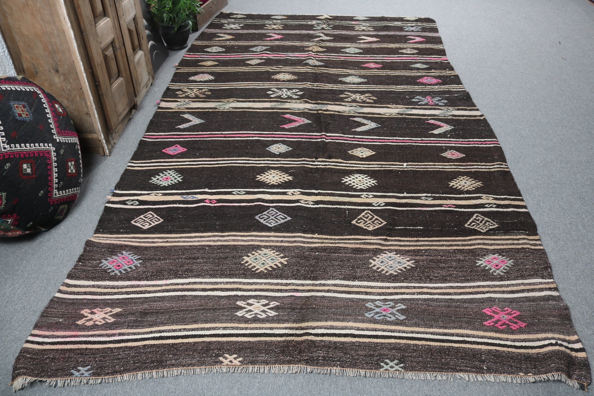 Siyah Fas Halıları, Büyük Boho Halısı, Lüks Halı, Türk Halıları, 5.9x10.8 ft Büyük Halı, Oryantal Halılar, Vintage Halı, Oturma Odası Halısı, Kilim