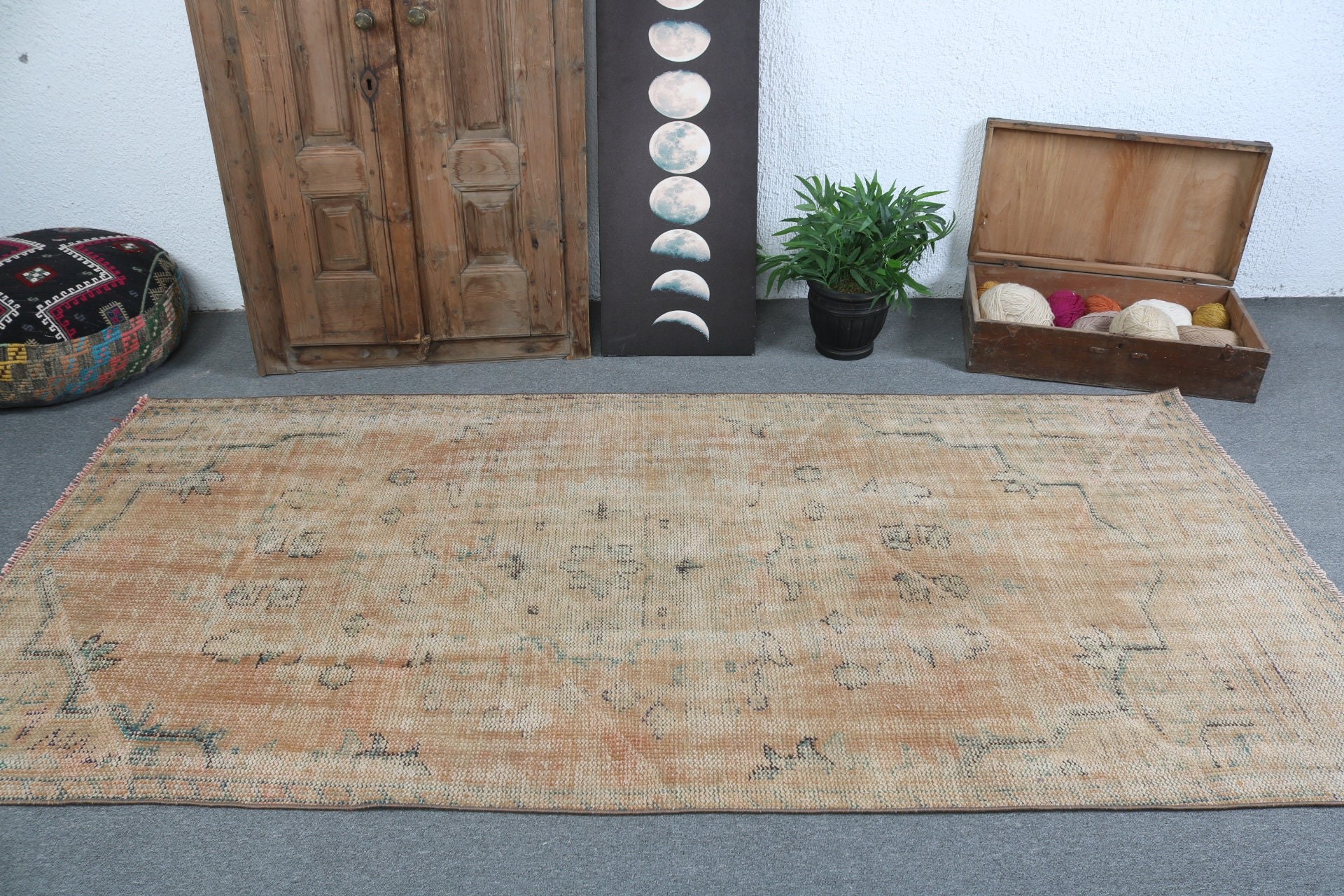 Boho Halı, Sanatsal Halı, Turuncu Geometrik Halılar, Yer Halıları, Türk Halısı, Vintage Halılar, 4,2x8,6 ft Alan Halısı, Çocuk Halısı, Oryantal Halılar