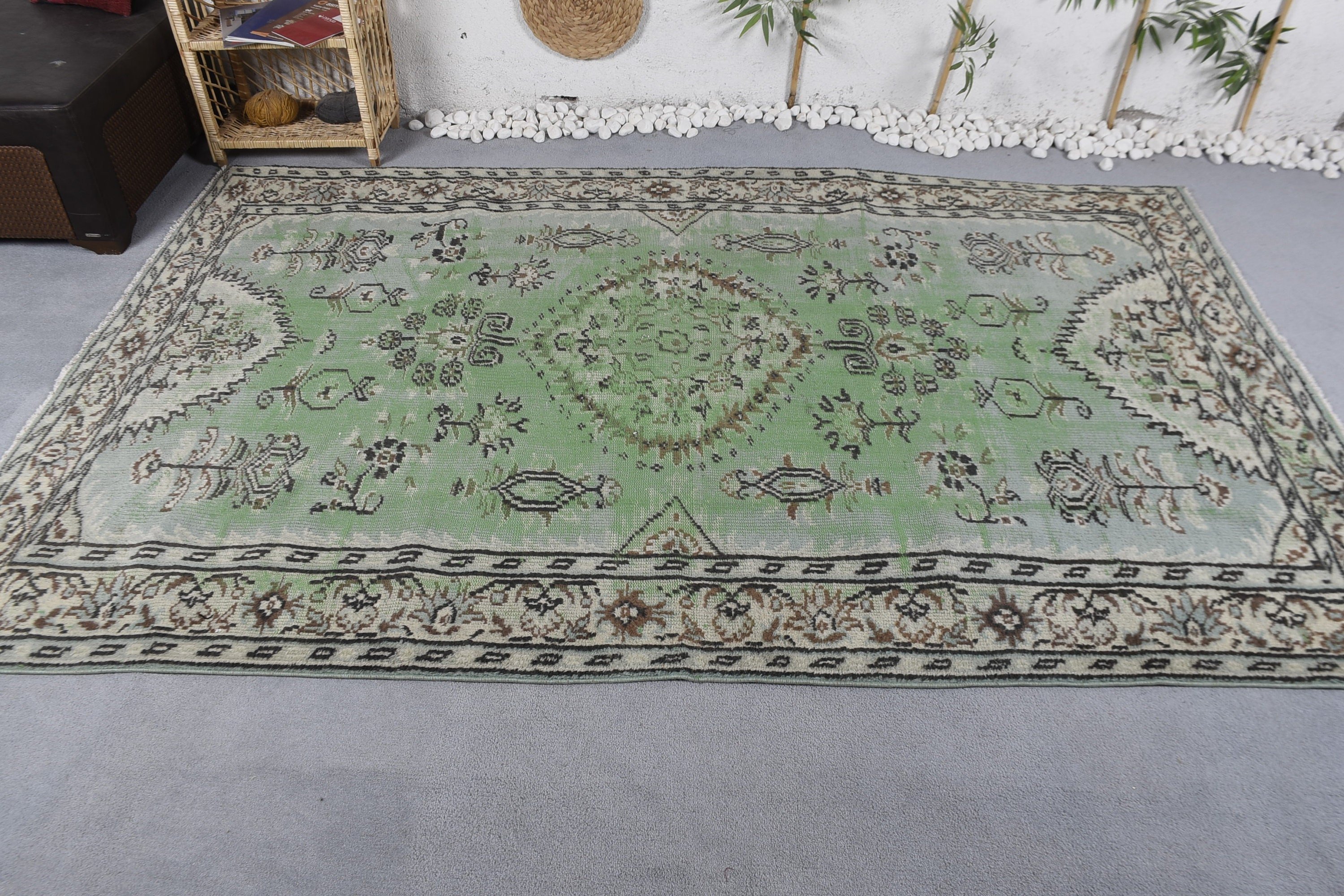 Turkish Rugs, Living Room Rug, Antique Rug, Vintage Rugs, Green Wool Rug, Moroccan Rugs, Bedroom Rug, Organic Rug, 5.9x9.1 ft Large Rug