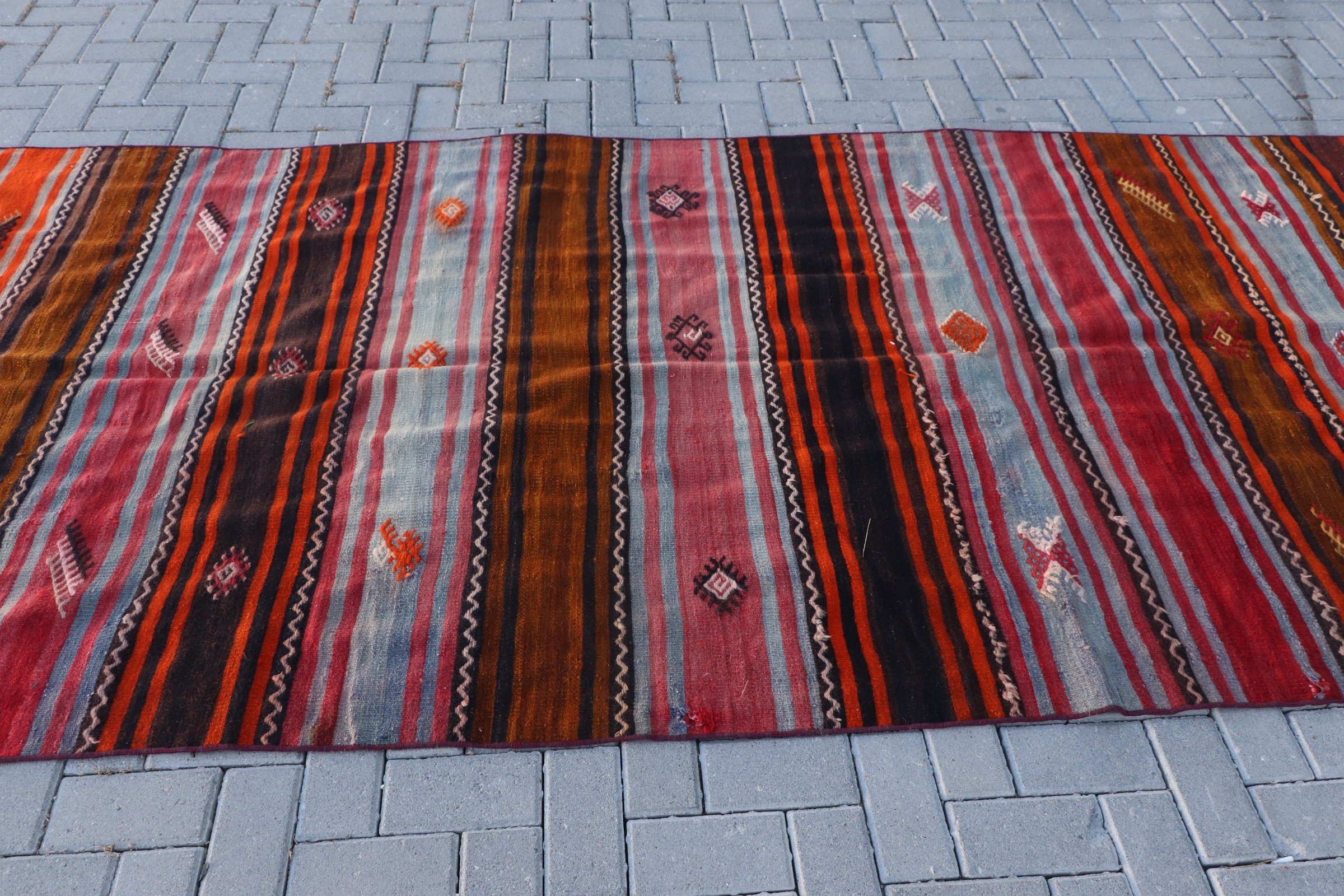 Muted Rug, Bedroom Rug, Dining Room Rug, Kilim, Oriental Rug, Cool Rug, Orange Wool Rugs, 4.8x11.1 ft Large Rugs, Turkish Rugs, Vintage Rug