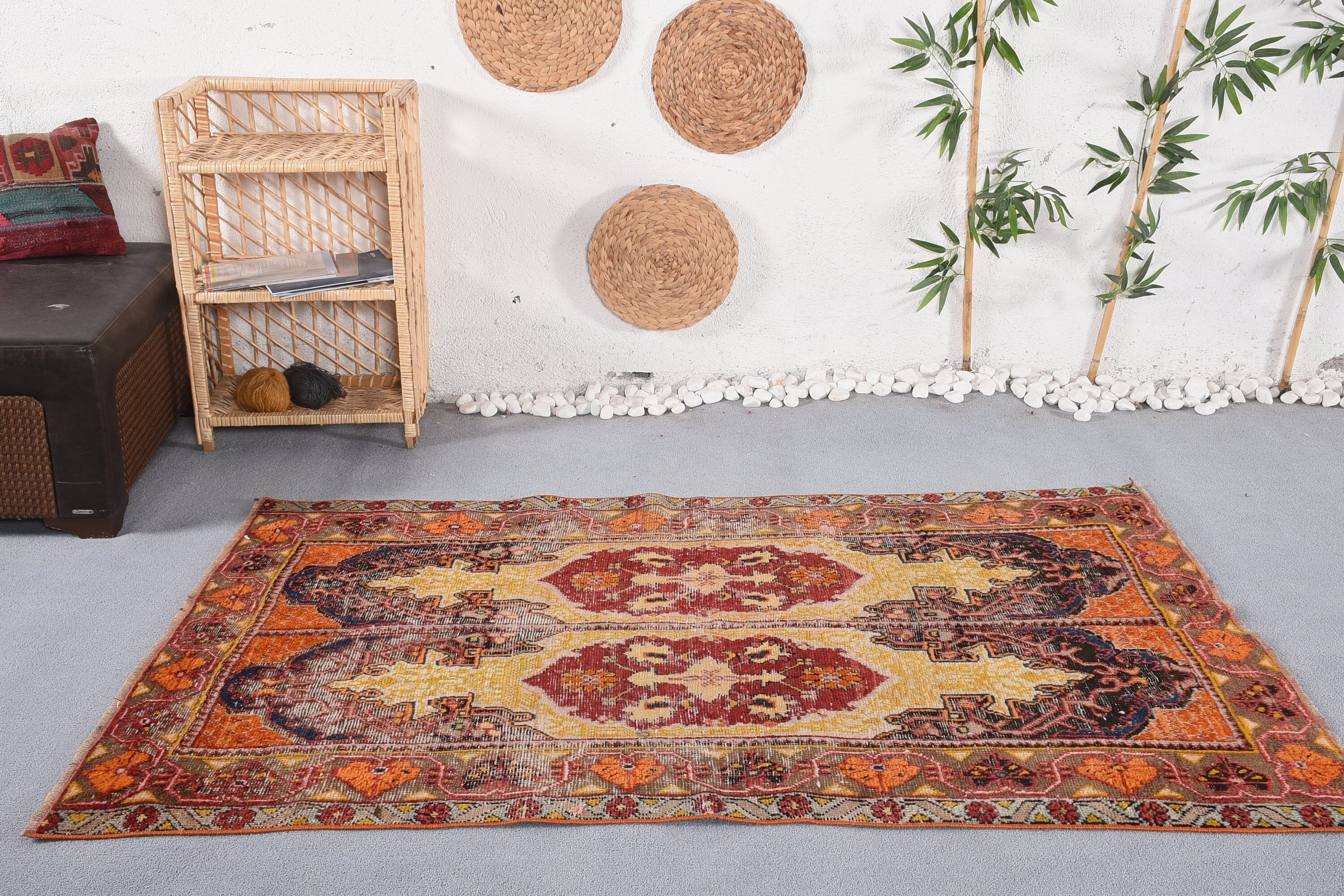 Vintage Rug, Moroccan Rug, Wool Rugs, Indoor Rugs, Rugs for Living Room, 4.2x6.2 ft Area Rug, Orange Cool Rug, Turkish Rugs, Floor Rug
