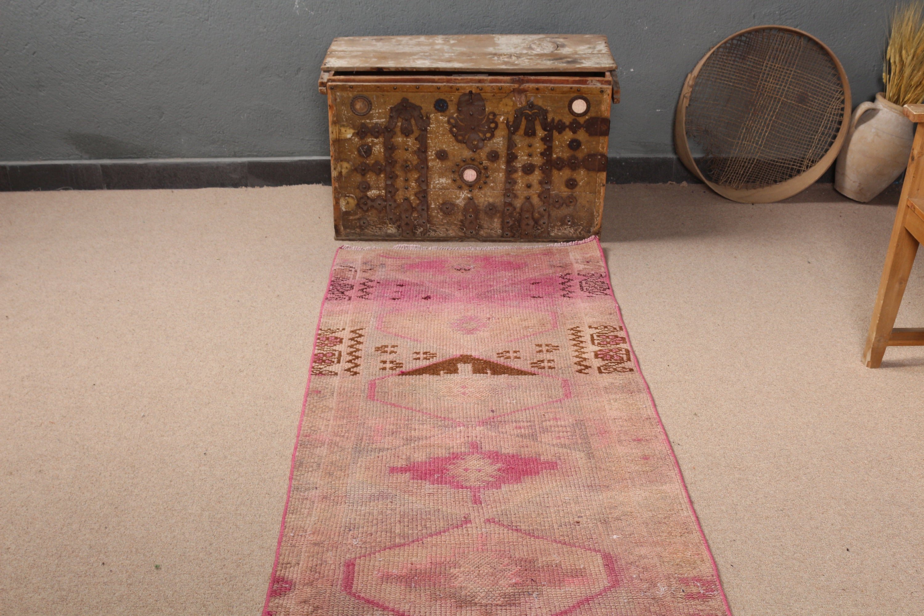 Dorm Rugs, Pink Antique Rug, 2.7x9 ft Runner Rugs, Kitchen Rug, Anatolian Rug, Vintage Rug, Turkish Rug, Rugs for Kitchen, Home Decor Rugs