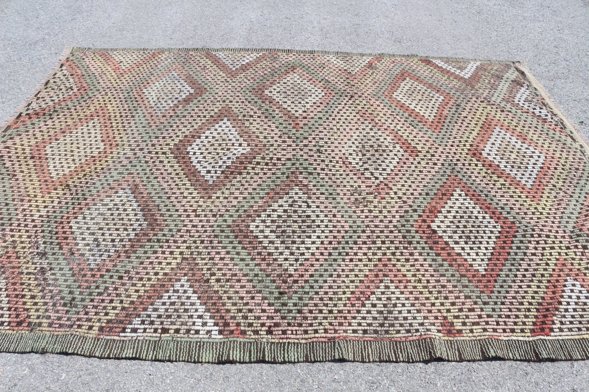 Retro Rug, 6.6x9.3 ft Large Rug, Turkish Rug, Antique Rug, Kilim, Rugs for Bedroom, Floor Rugs, Vintage Rug, Green Bedroom Rugs, Salon Rugs