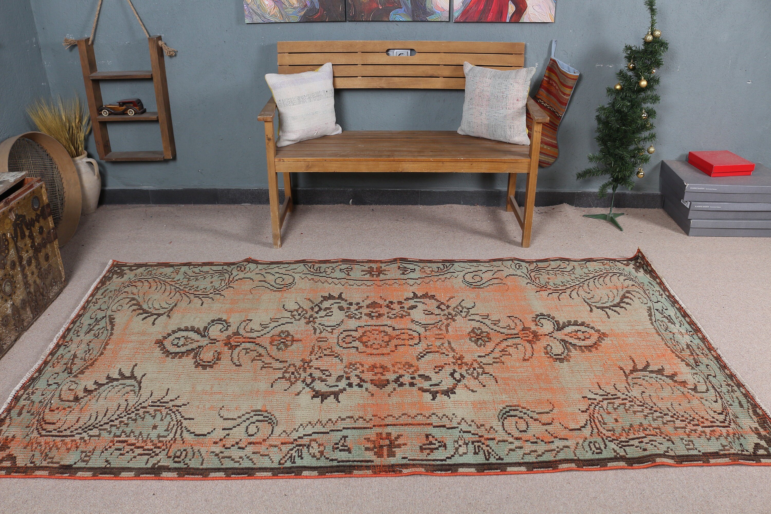 Çocuk Odası Halıları, Turuncu Fas Halıları, Vintage Halı, Oturma Odası Halısı, Anadolu Halısı, Yer Halıları, Boho Halısı, 4,4x8,1 ft Alan Halısı, Türk Halısı