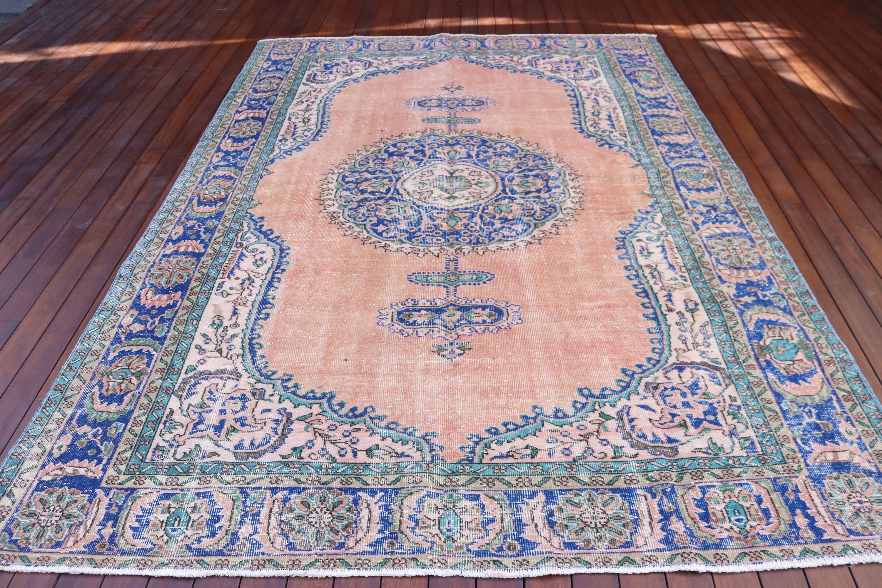 Türk Halısı, Vintage Halı, El Dokuma Halı, 6.9x9.5 ft Büyük Halılar, Büyük Vintage Halılar, Yün Halılar, Büyük Oushak Halıları, Turuncu Anadolu Halıları