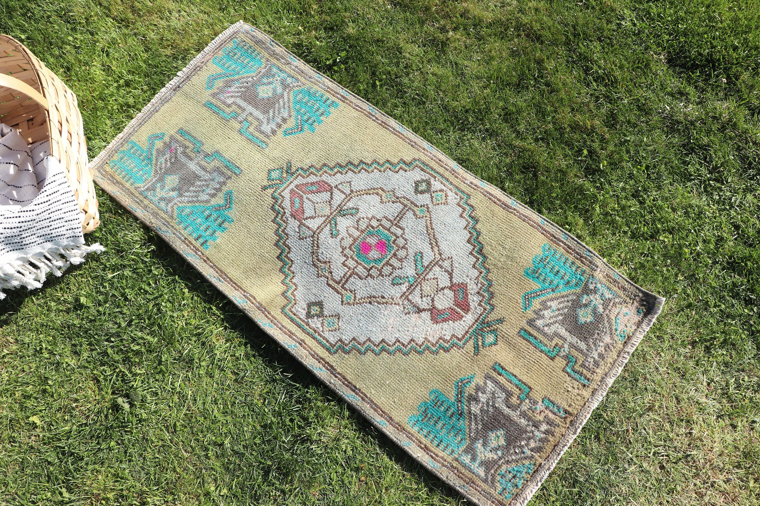 1,5x3,4 ft Küçük Halılar, Yatak Odası Halıları, Banyo Halıları, Vintage Halı, Yeşil El Dokuma Halı, Nötr Halı, Boho Halı, Türk Halıları, Küçük Boho Halı