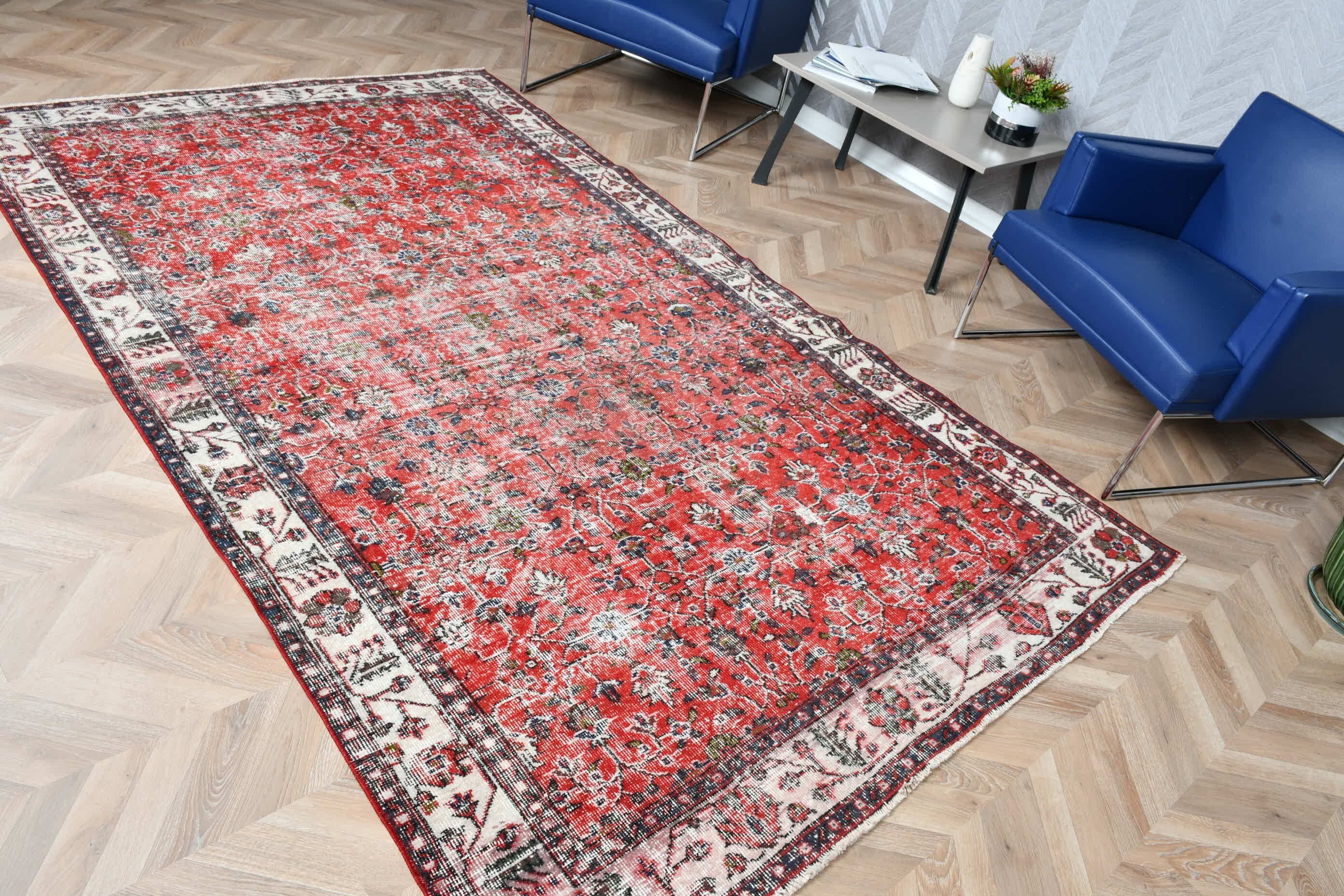 Kırmızı Yün Halı, Oturma Odası Halıları, Vintage Halı, 5.4x9.2 ft Büyük Halı, Salon Halısı, Türk Halıları, Yün Halı, Oturma Odası Halısı, Yatak Odası Halısı