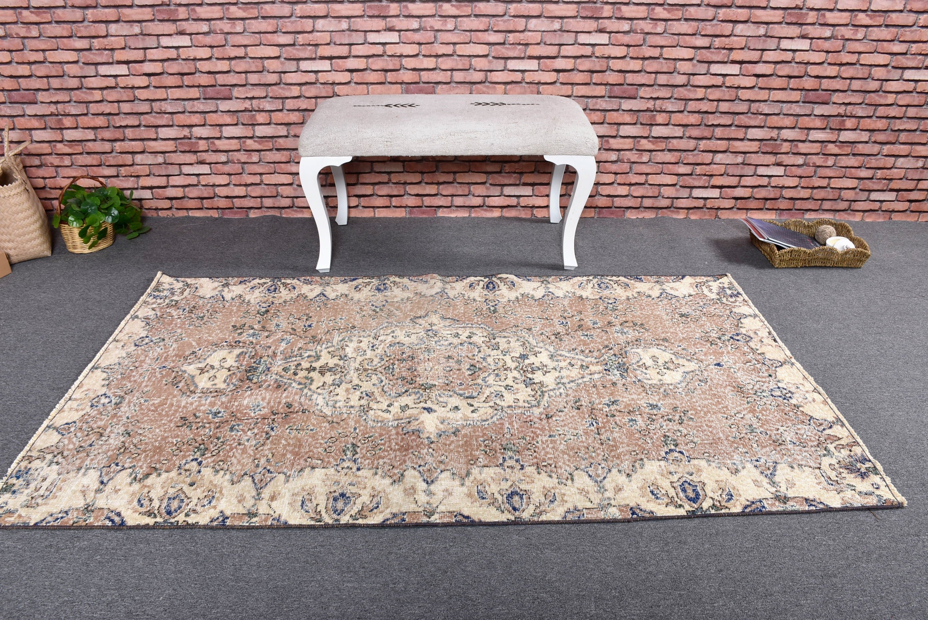 3,5x6,2 ft Accent Halılar, Vintage Halı, Boho Vurgulu Halılar, Ev Dekorasyonu Halıları, Türk Halıları, Giriş Halıları, Kahverengi El Dokuma Halılar, Oushak Halı