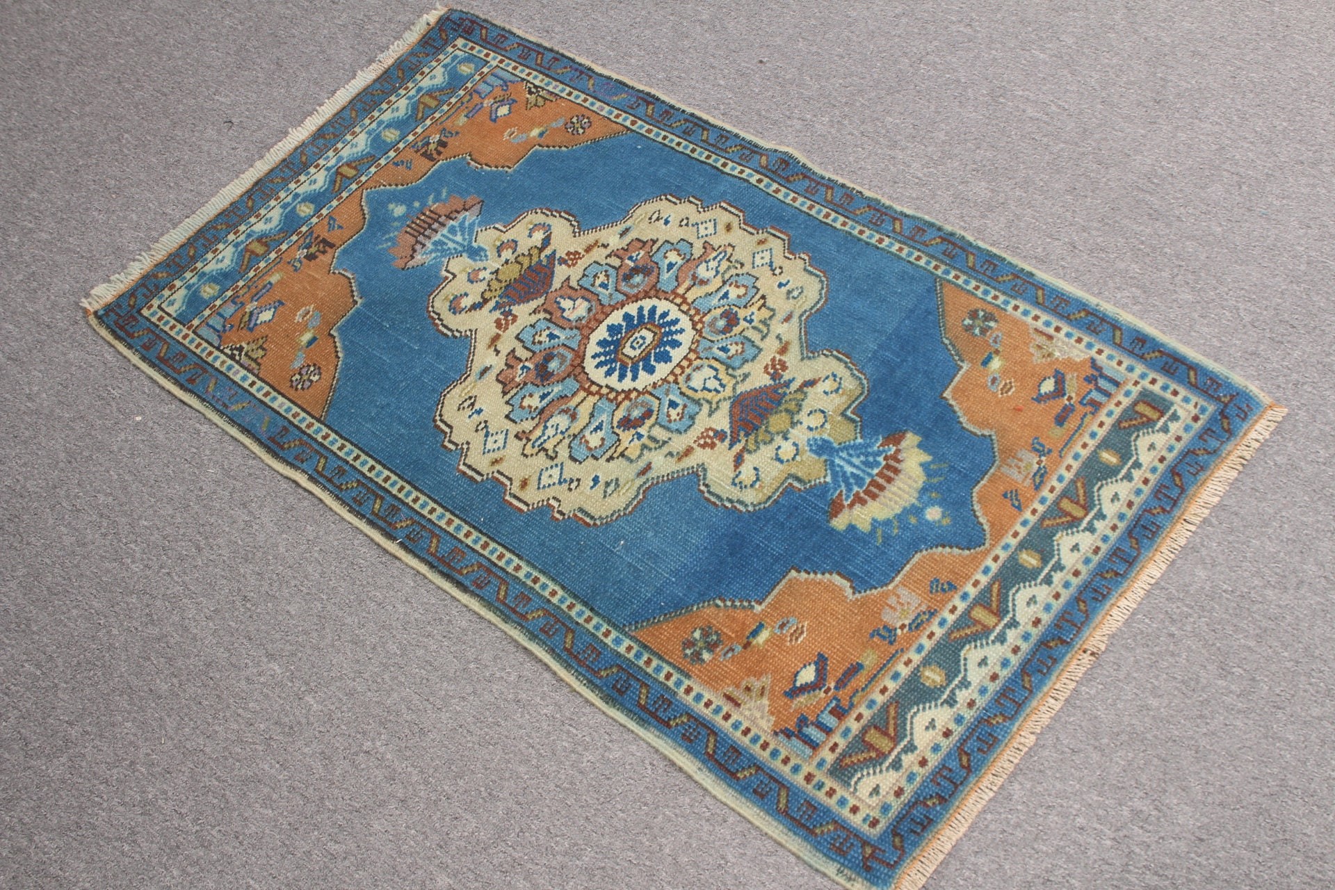 Mavi Ev Dekor Halısı, 2x3,4 ft Küçük Halı, Soluk Halı, Yatak Odası Halıları, Yer Halısı, Türk Halısı, Duvara Asılı Halı, Yatak Odası Halısı, Vintage Halı