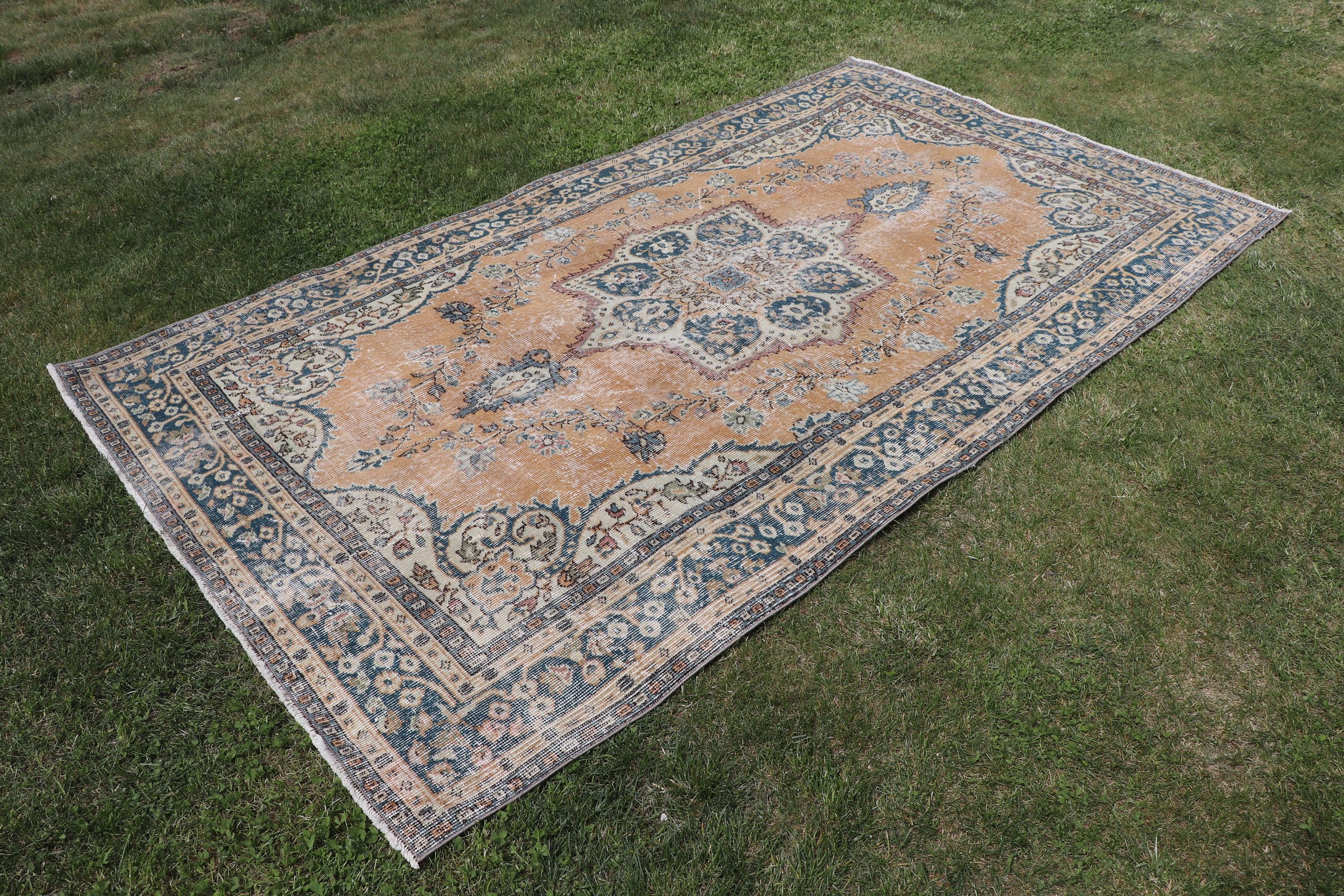 Turkish Rug, Vintage Area Rugs, Office Rug, Neutral Rugs, 4.4x7.8 ft Area Rug, Oushak Rugs, Blue Antique Rugs, Vintage Rugs, Kitchen Rugs