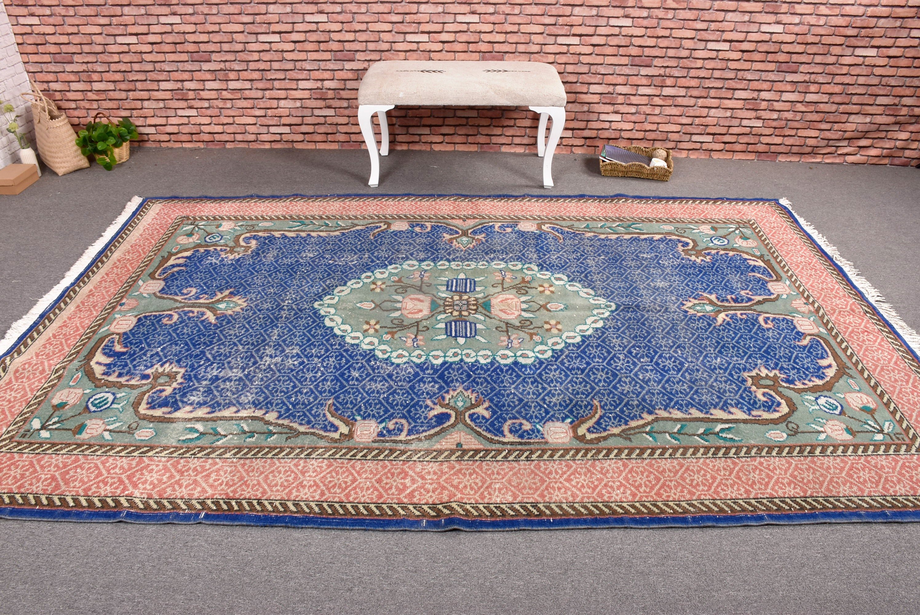 Kabile Halıları, Büyük Oushak Halısı, Modern Halılar, Mavi Boho Halıları, 6,3x9,7 ft Büyük Halıları, Oushak Halısı, Türk Halıları, Vintage Halı, Oturma Odası Halıları