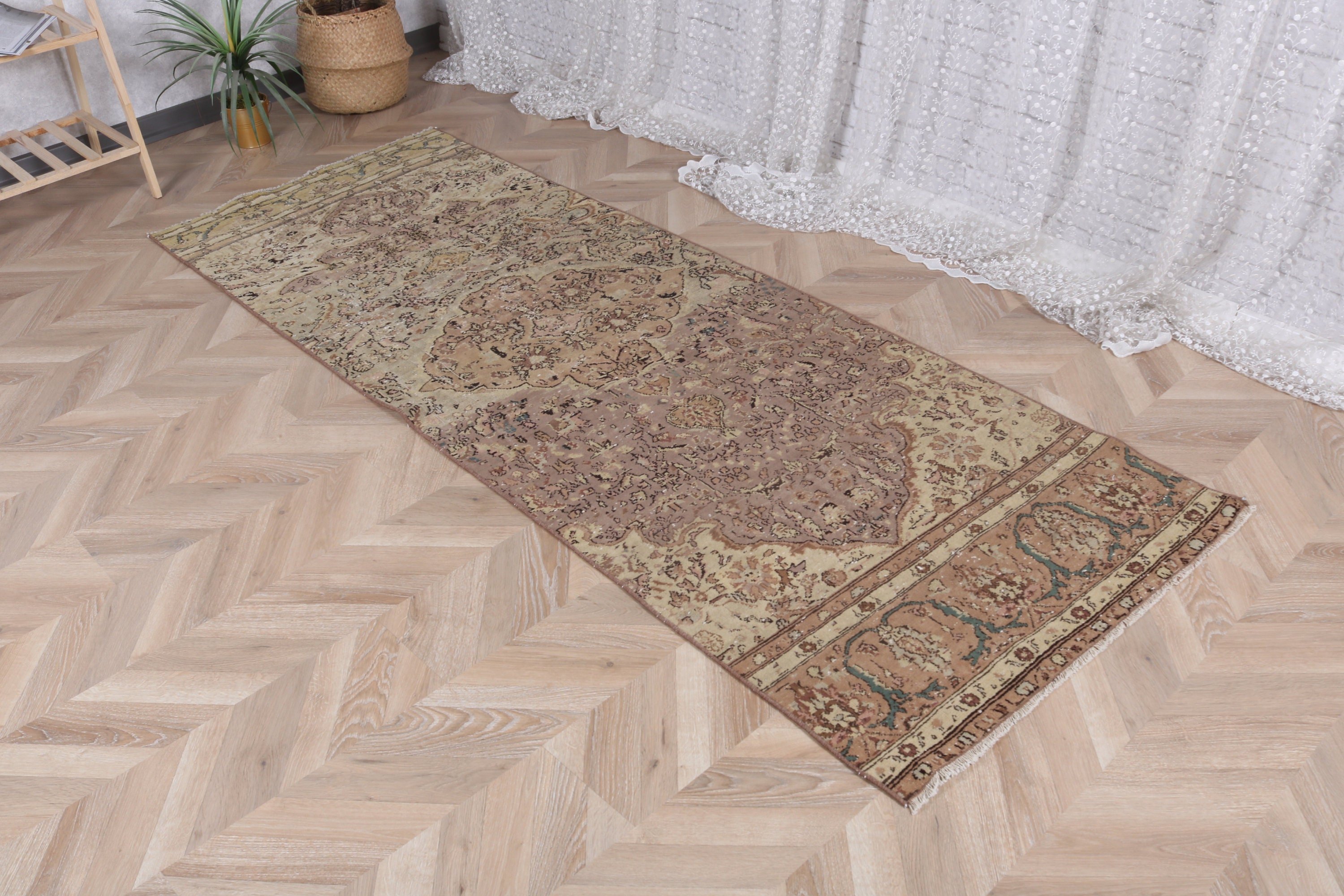 Kahverengi Oushak Halı, 2.9x7.9 ft Runner Halıları, Beni Ourain Runner Halıları, Nötr Halılar, Vintage Halı, Koridor Halıları, Türk Halısı, Boho Halıları