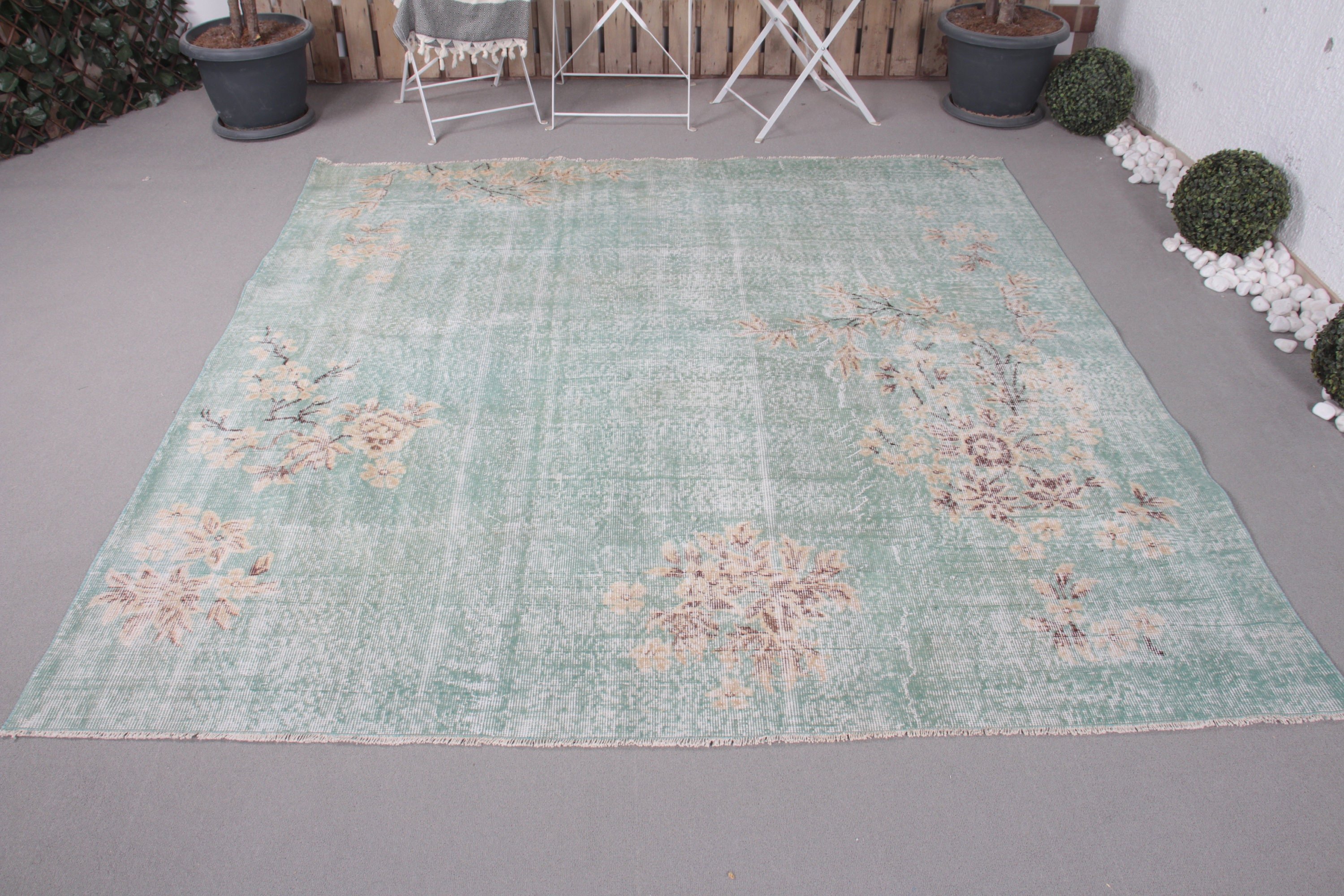 6.7x6.7 ft Large Rug, Turkish Rugs, Wool Rug, Salon Rugs, Dining Room Rugs, Green Bedroom Rugs, Vintage Rug, Rugs for Salon